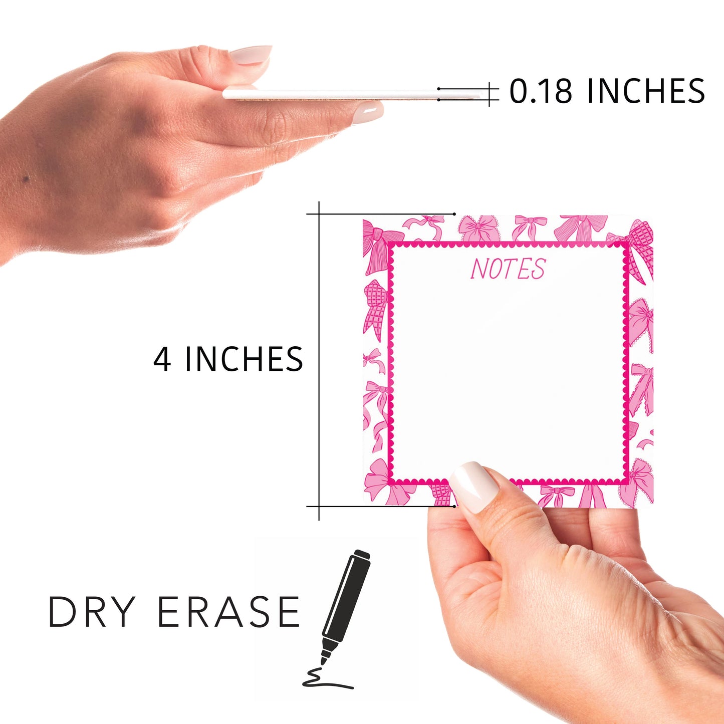 Kalia Lane 4x4 Dry Erase | Preppy Bows Pink Scalloped Border Notes
