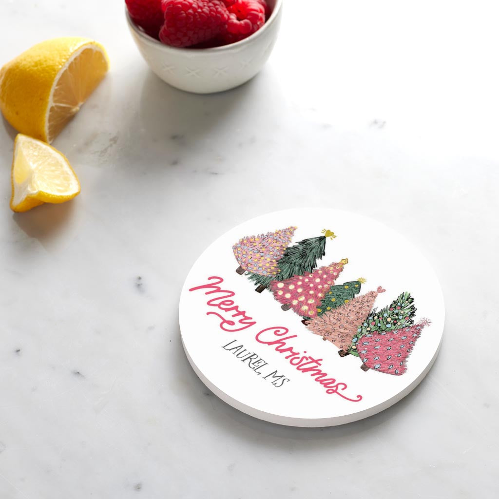 Love+Local Round Coaster | Pink Christmas Trees