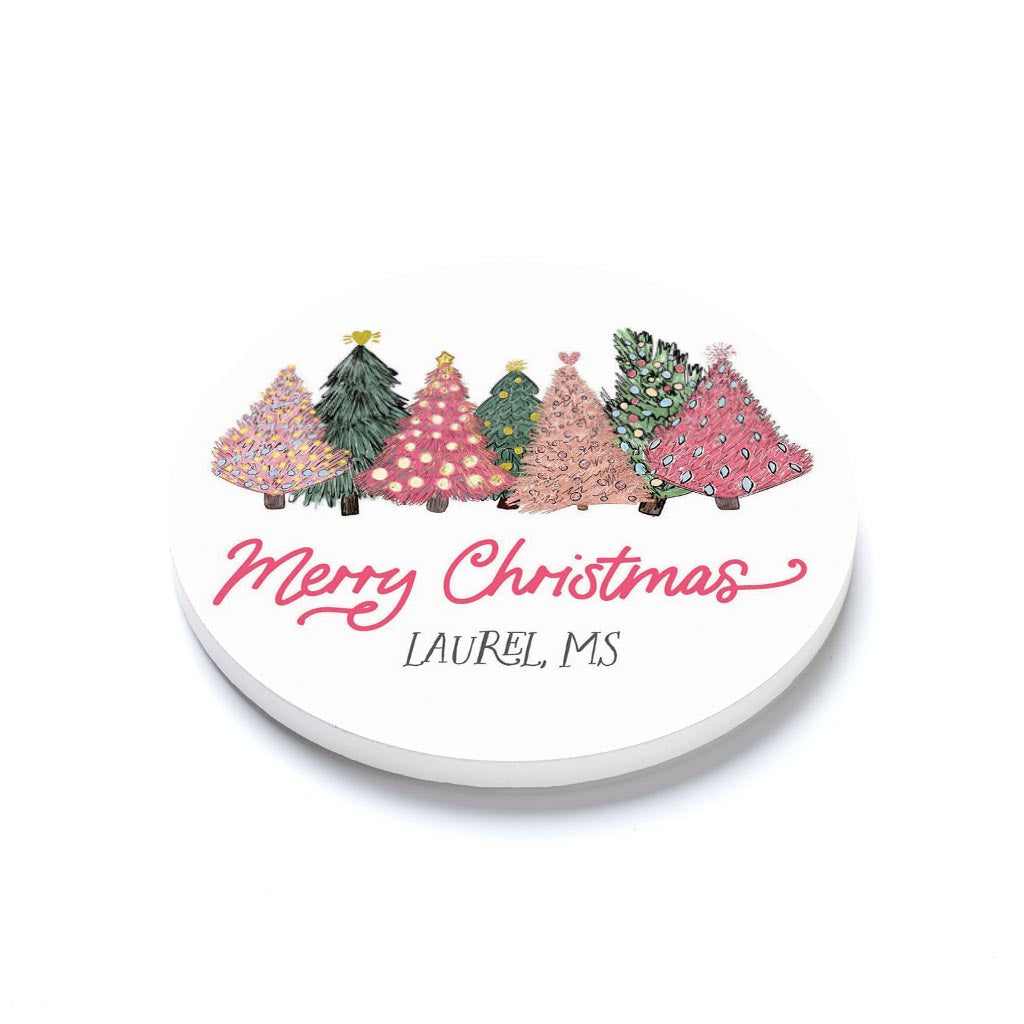 Love+Local Round Coaster | Pink Christmas Trees