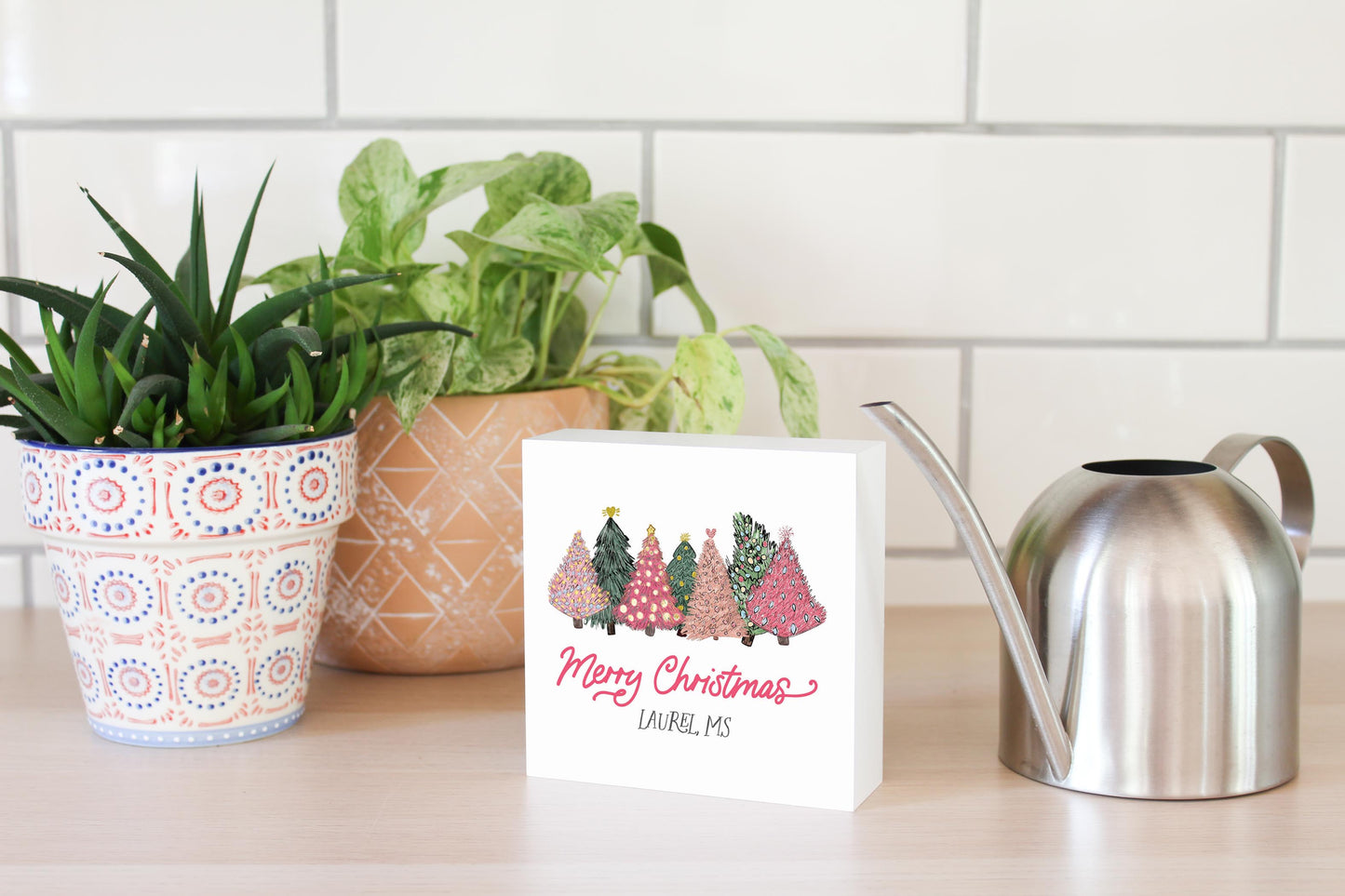 Love+Local 5x5 Wood Block | Pink Christmas Trees