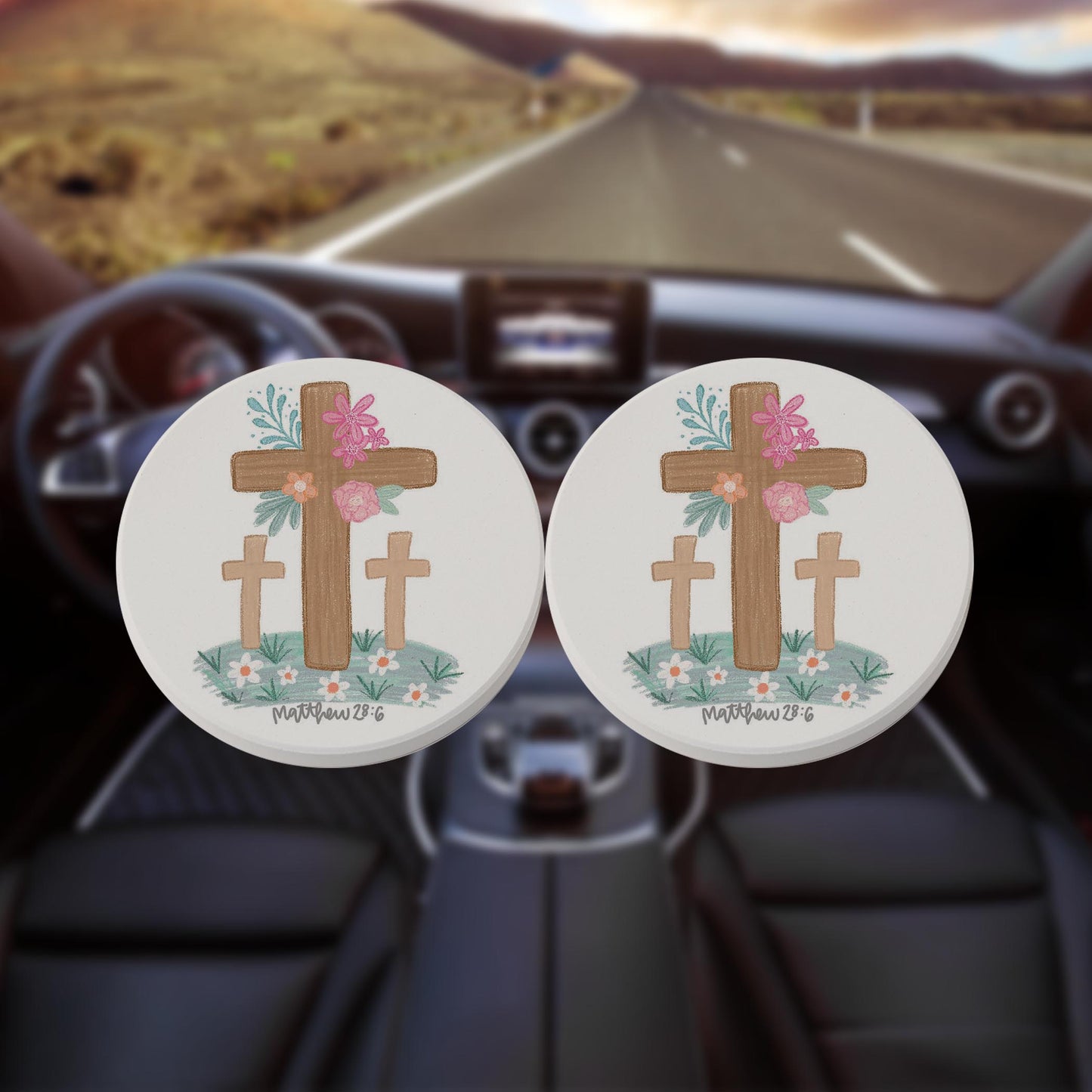 Car Coaster 2-Pack Kalia Lane-Floral Cross Matthew 28:6