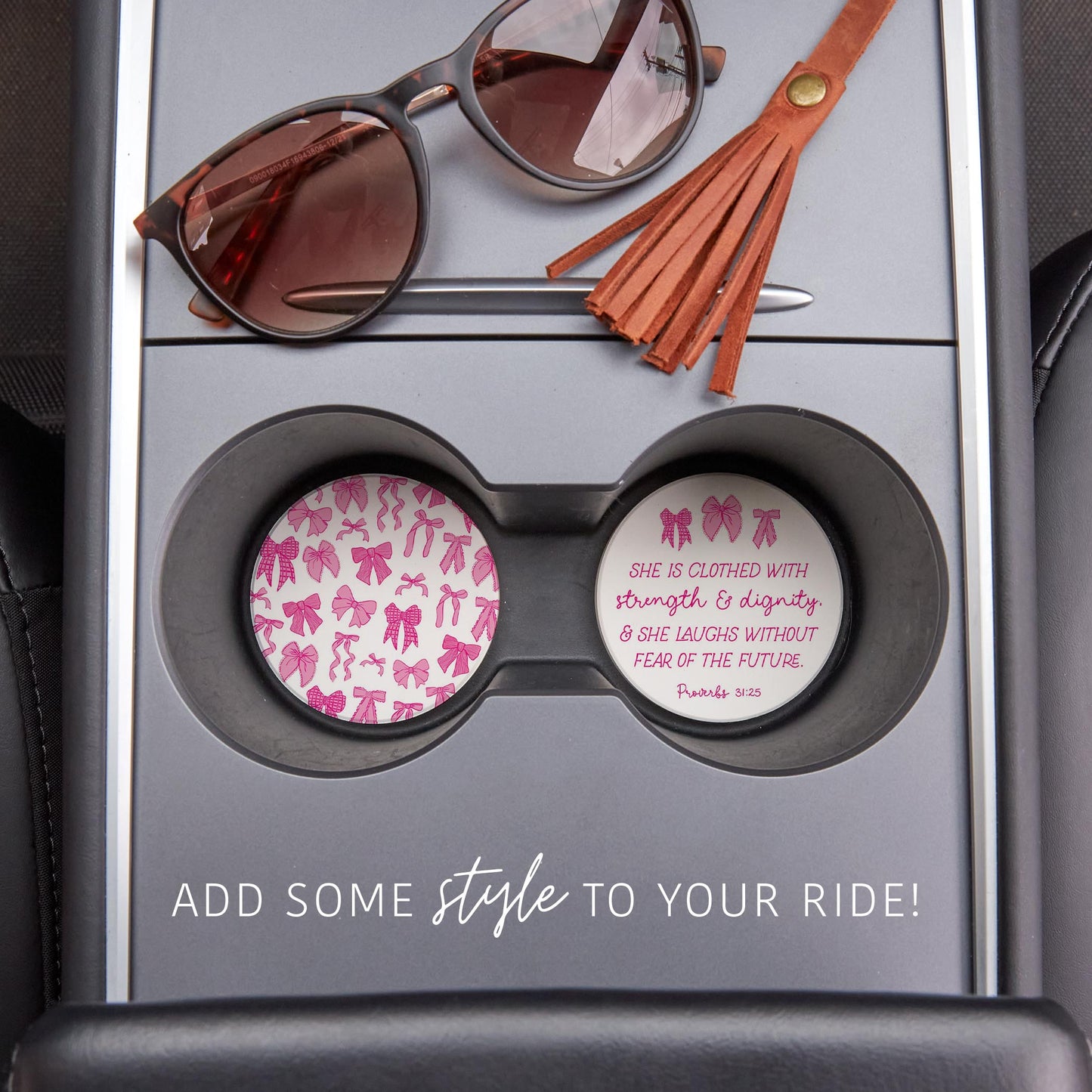 Car Coaster 2-Pack Kalia Lane-Pink Bows She Is Clothed & Pattern