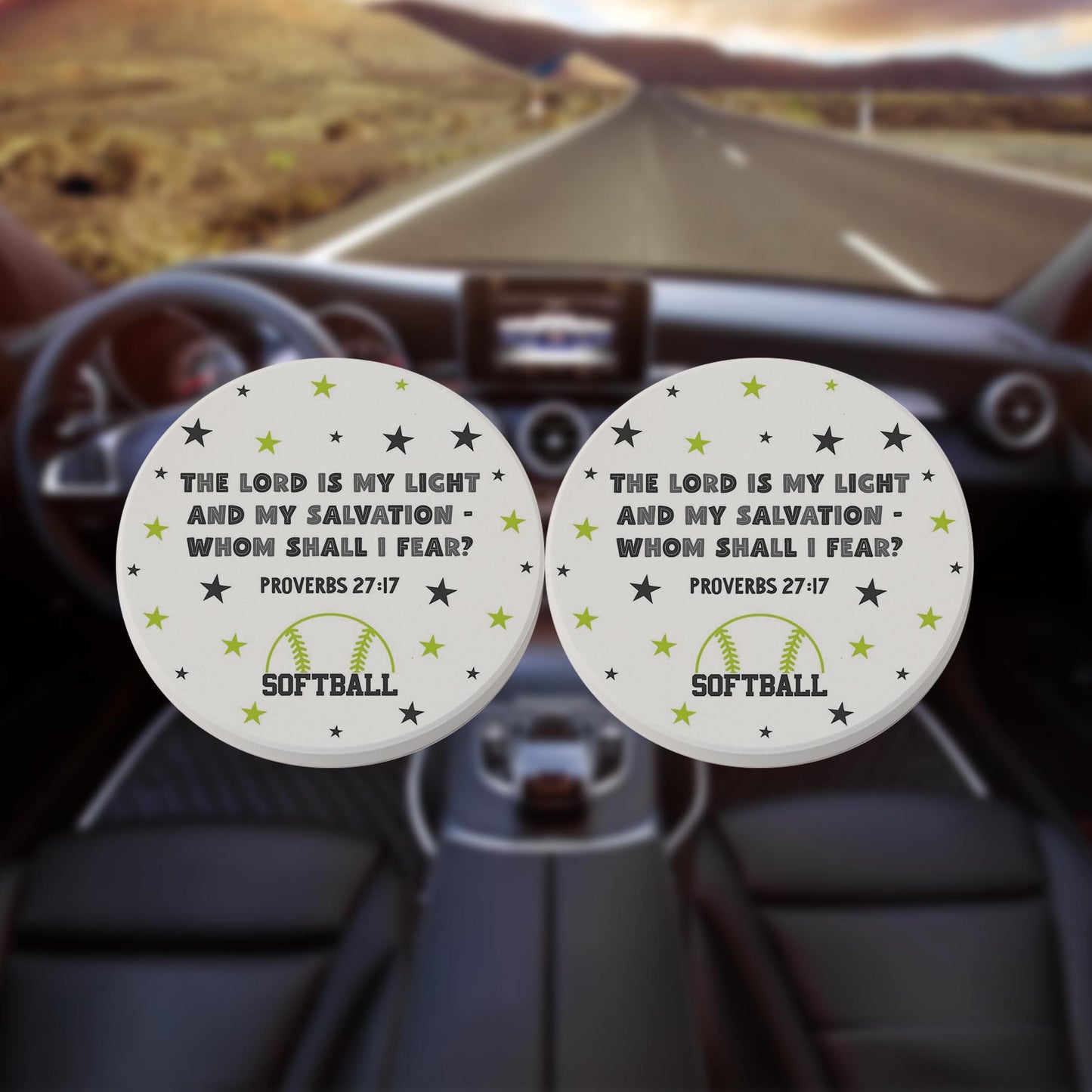Car Coaster 2-Pack Kalia Lane-The Lord Is My Light Softball Green & Black