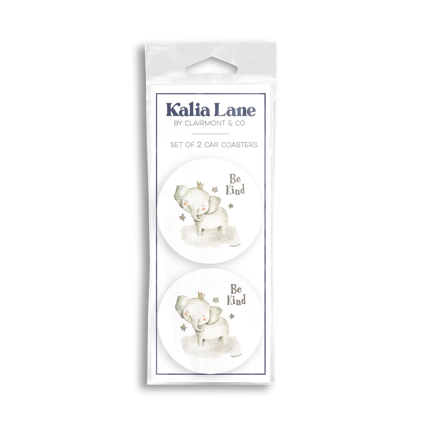 Car Coaster 2-Pack Kalia Lane-Be Kind Elephant White Background