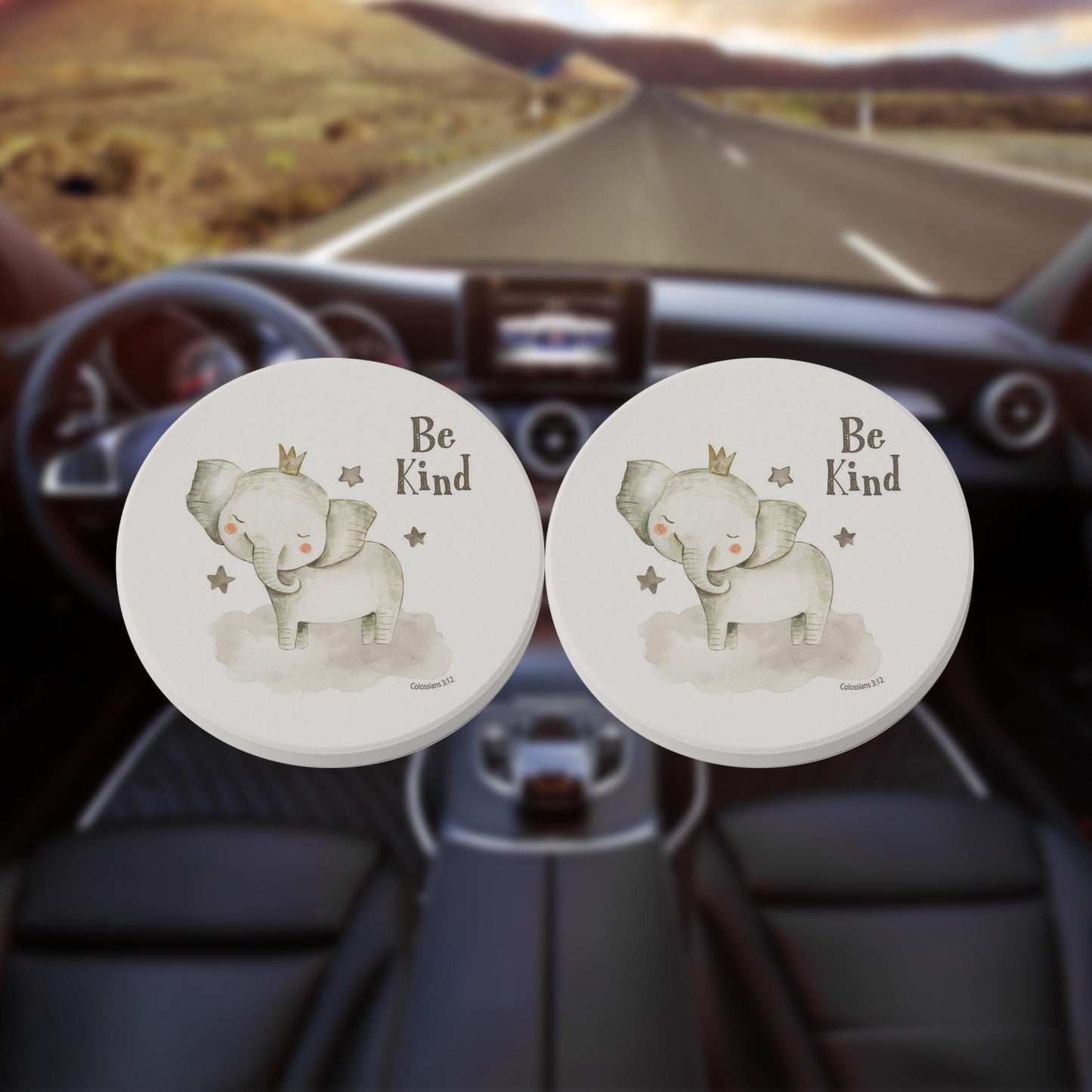 Car Coaster 2-Pack Kalia Lane-Be Kind Elephant White Background