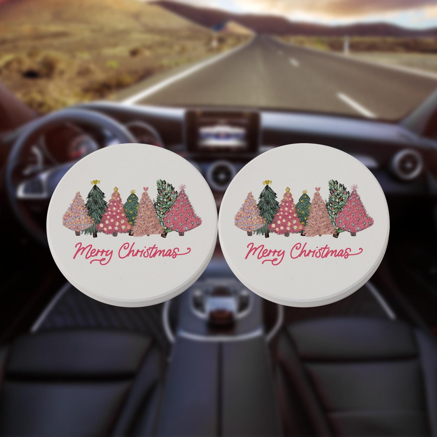 Car Coaster 2-Pack Kalia Lane-Pink Trees Merry Christmas
