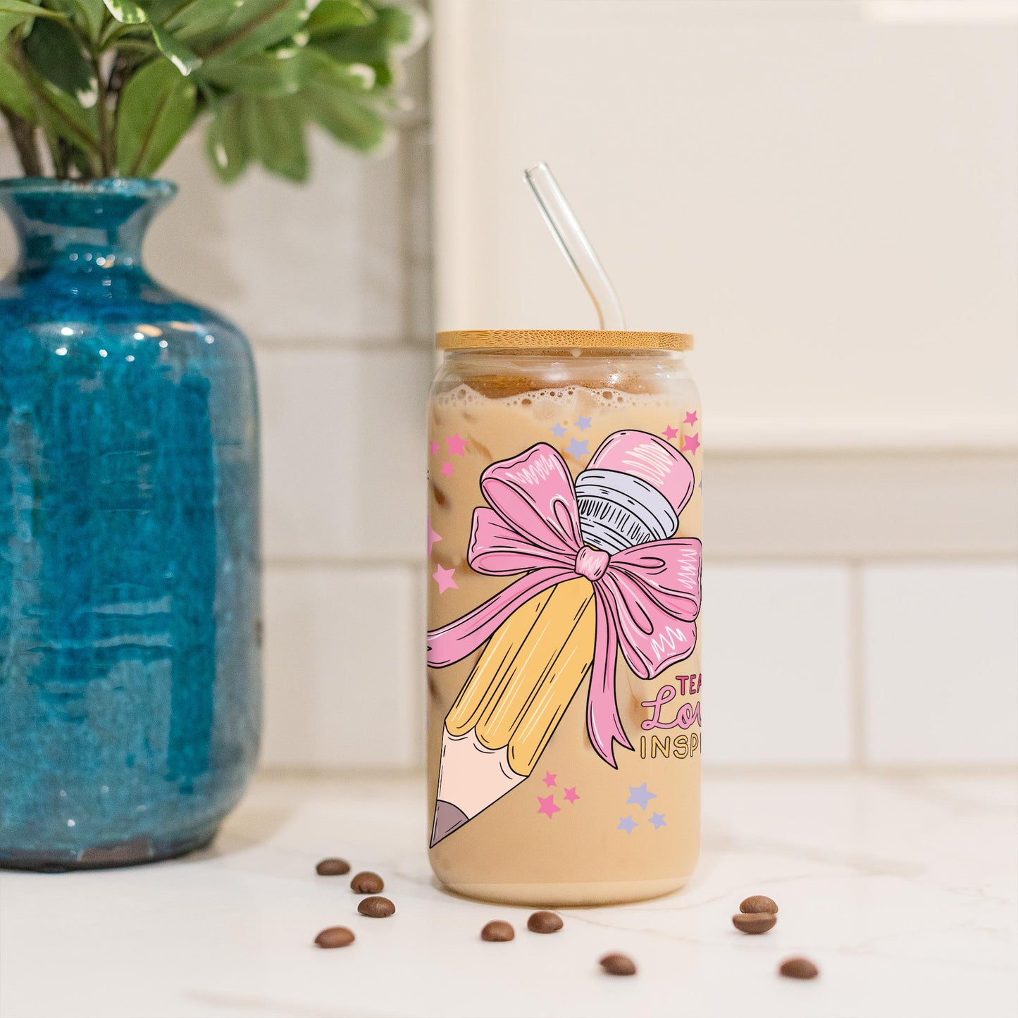 16oz Cold Brew Glass-Classroom Coquette Teach Love Inspire -3