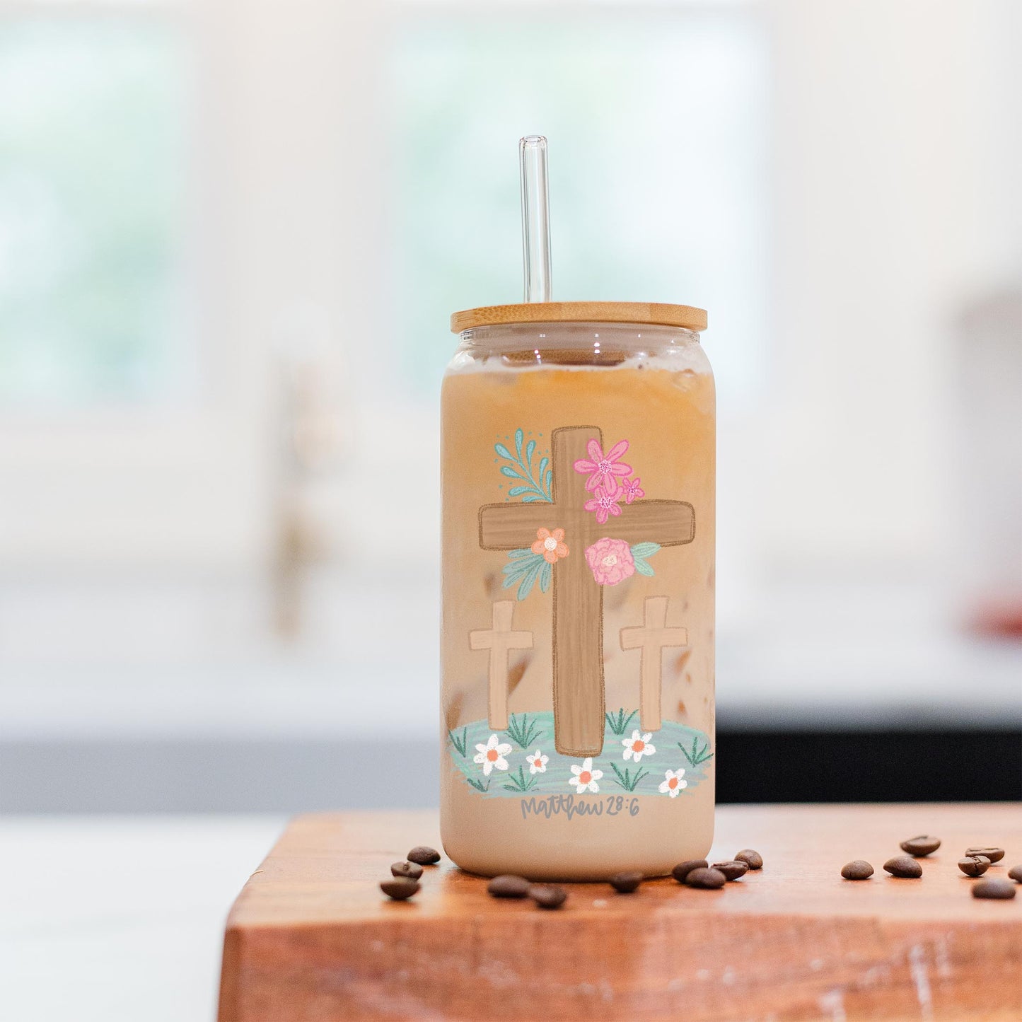 16oz Cold Brew Glass-Floral Cross Matthew 28:6