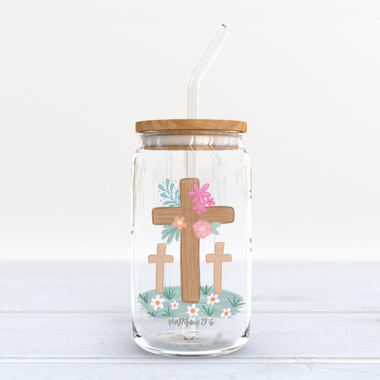 16oz Cold Brew Glass-Floral Cross Matthew 28:6