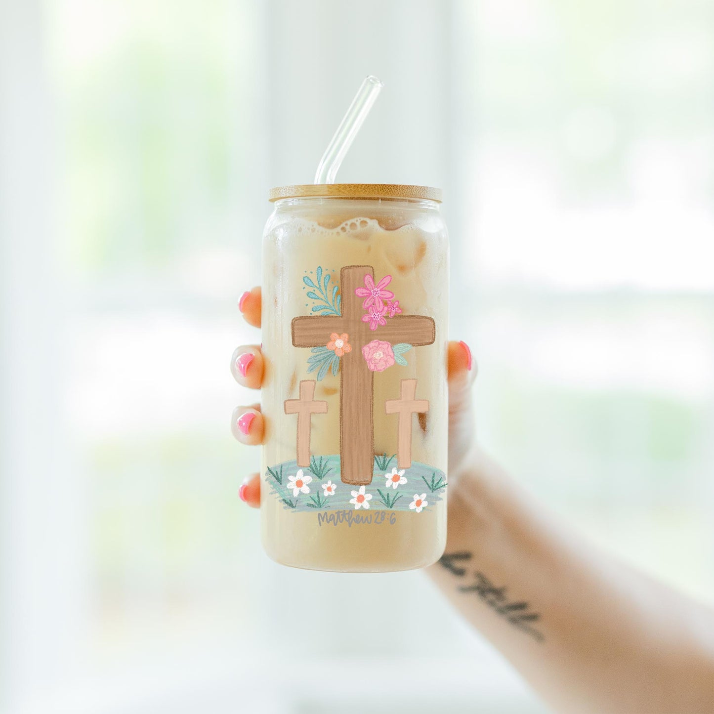 16oz Cold Brew Glass-Floral Cross Matthew 28:6