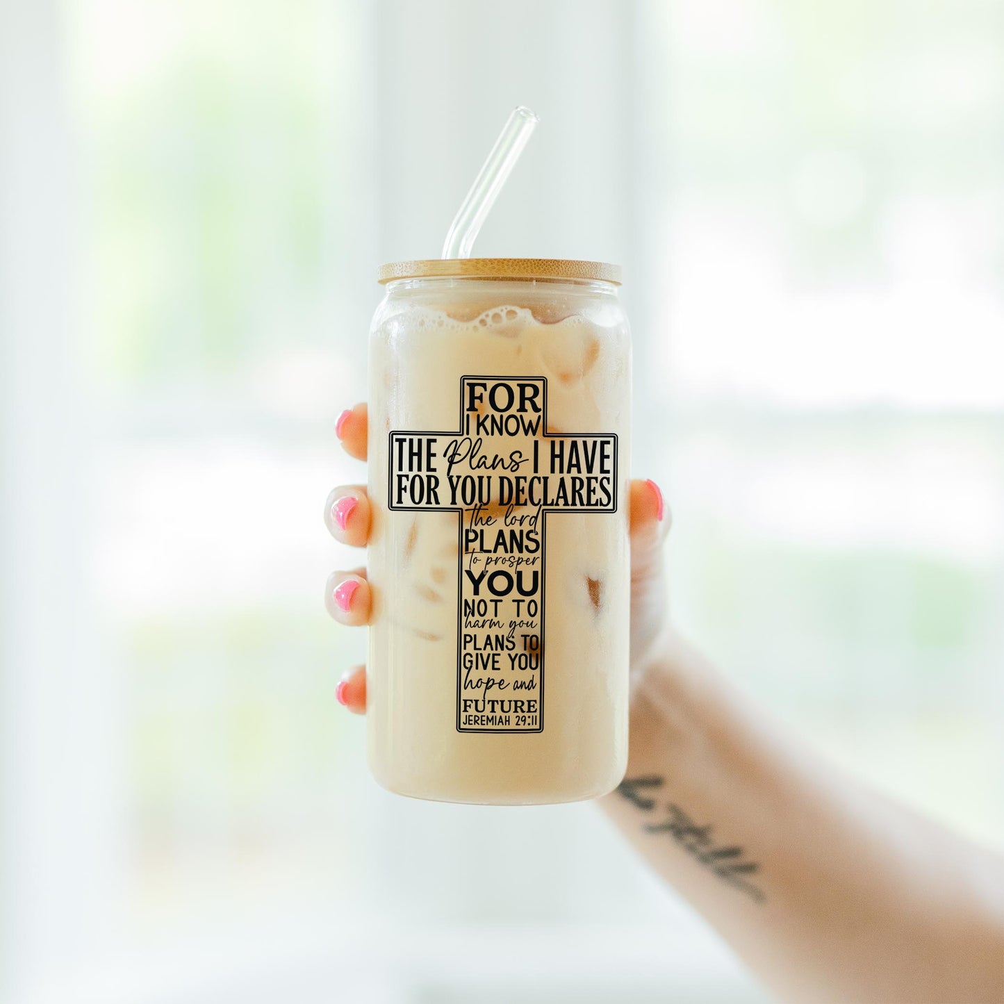 16oz Cold Brew Glass-For I Know The Plans Cross -7