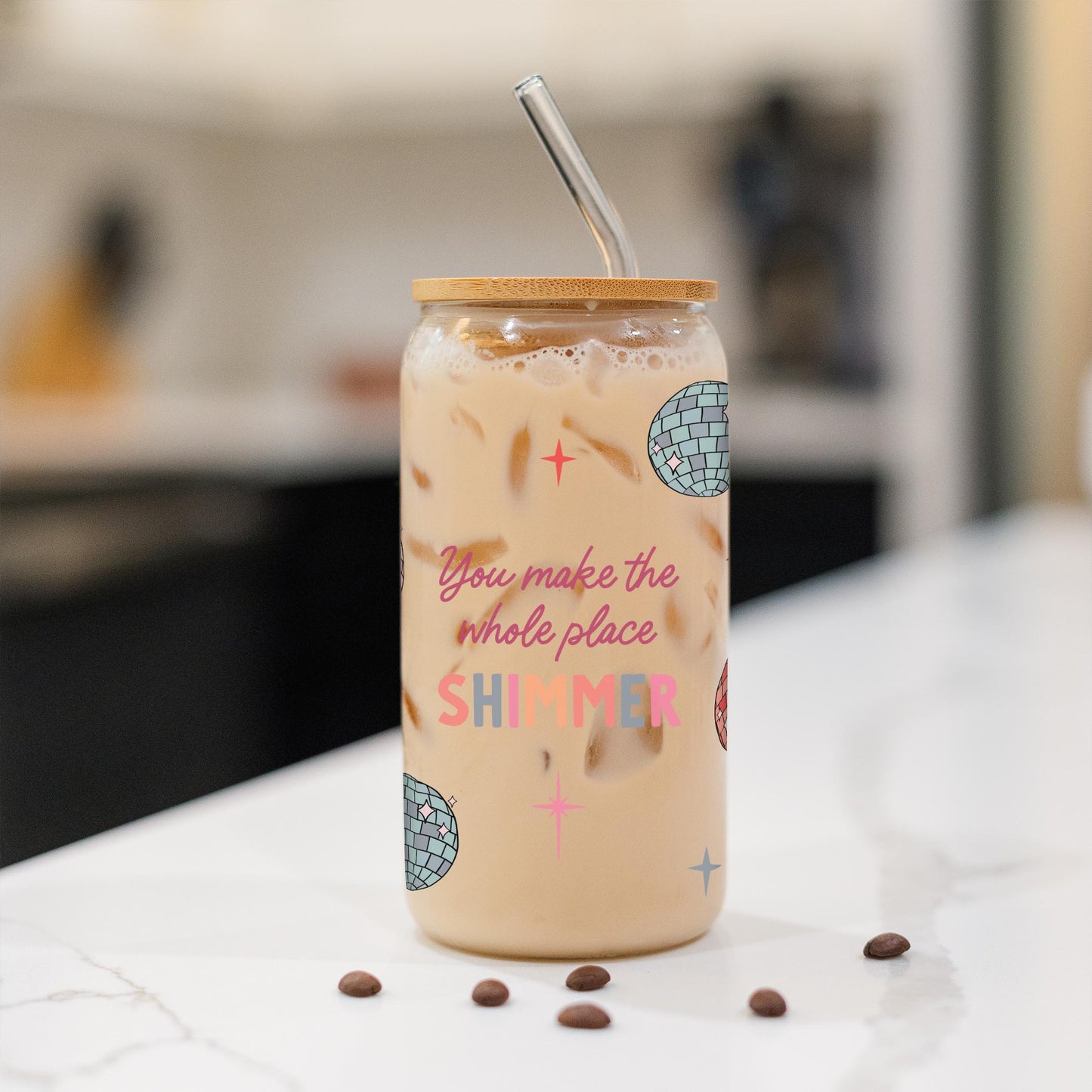 16oz Cold Brew Glass-Whole Place Shimmer Disco Balls