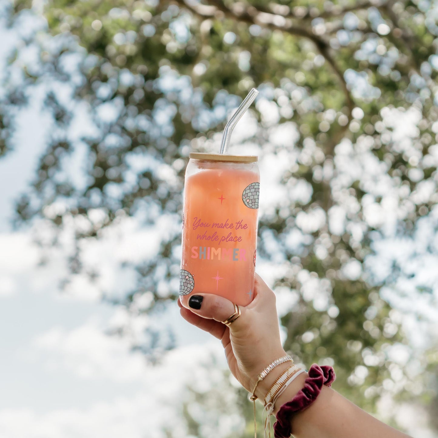 16oz Cold Brew Glass-Whole Place Shimmer Disco Balls