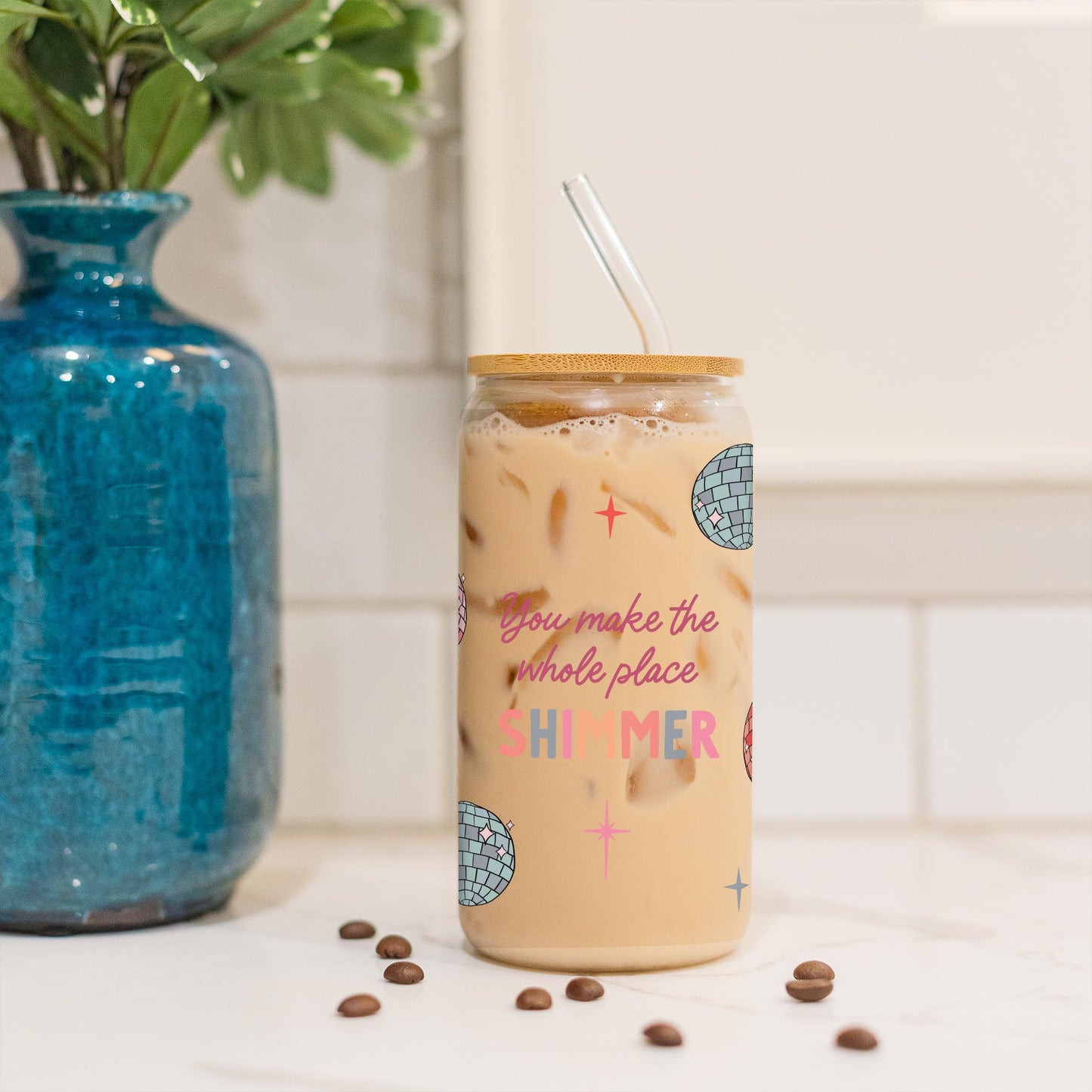 16oz Cold Brew Glass-Whole Place Shimmer Disco Balls
