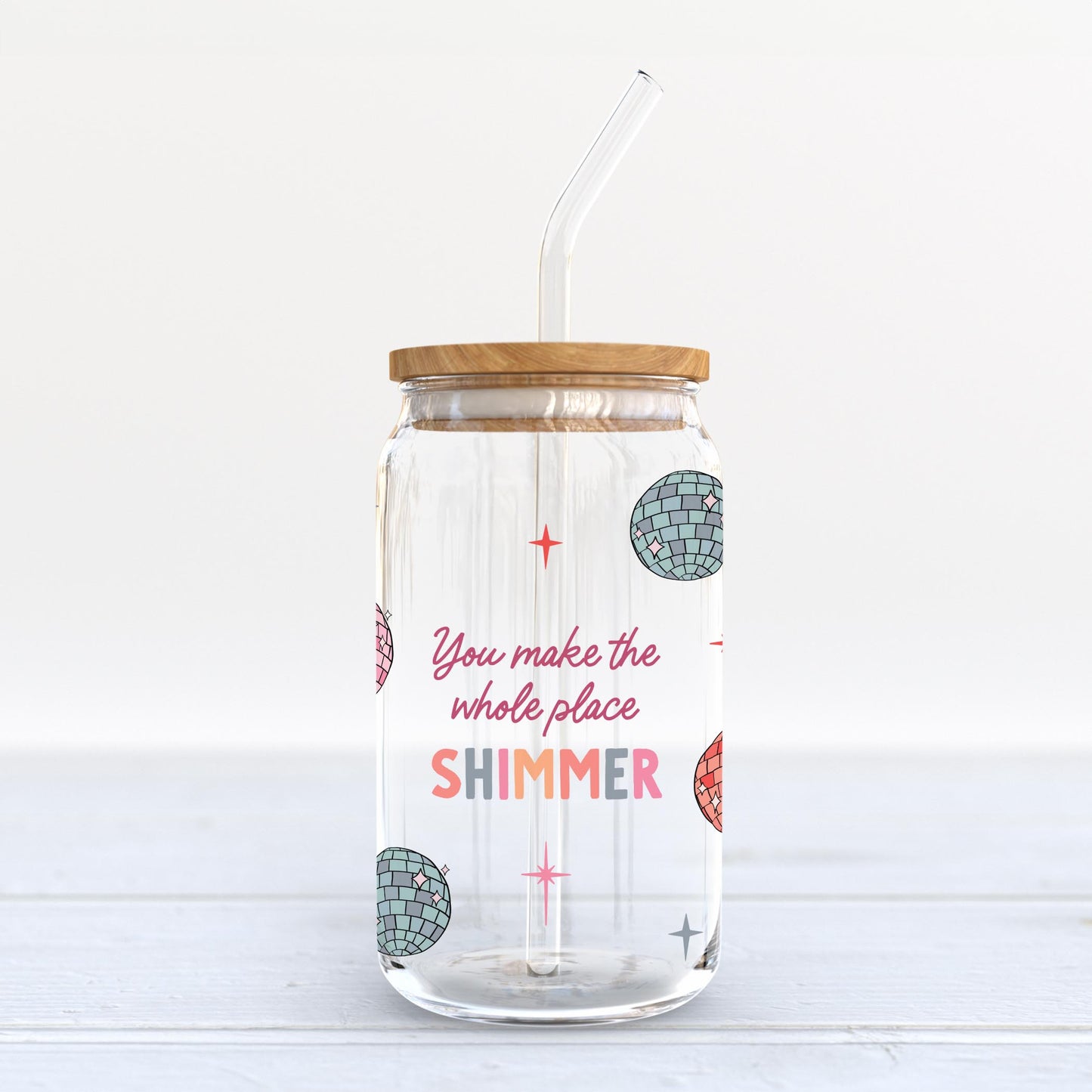 16oz Cold Brew Glass-Whole Place Shimmer Disco Balls