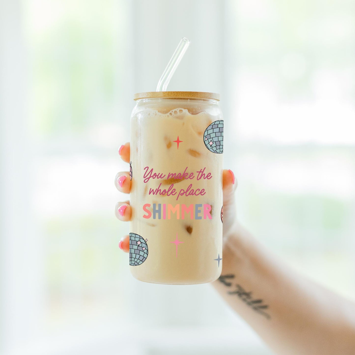 16oz Cold Brew Glass-Whole Place Shimmer Disco Balls