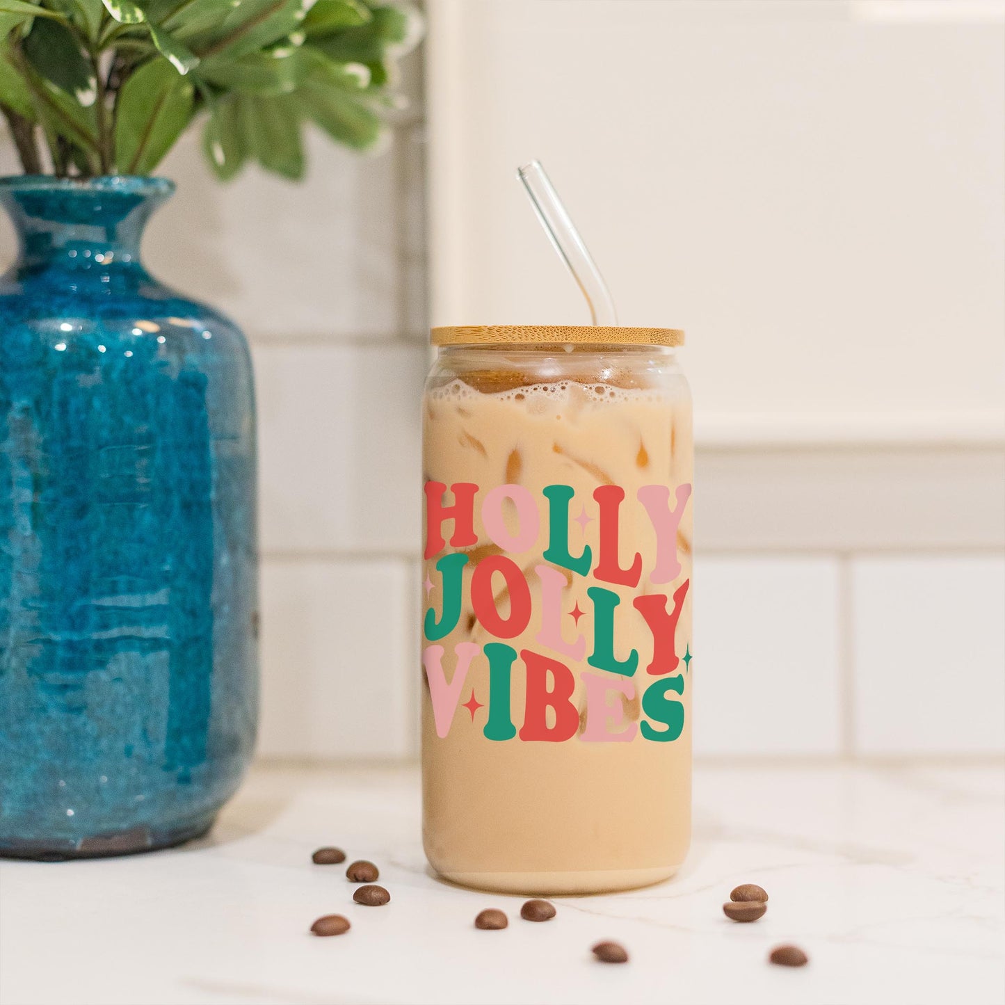 16oz Cold Brew Glass-Holly Jolly Vibes