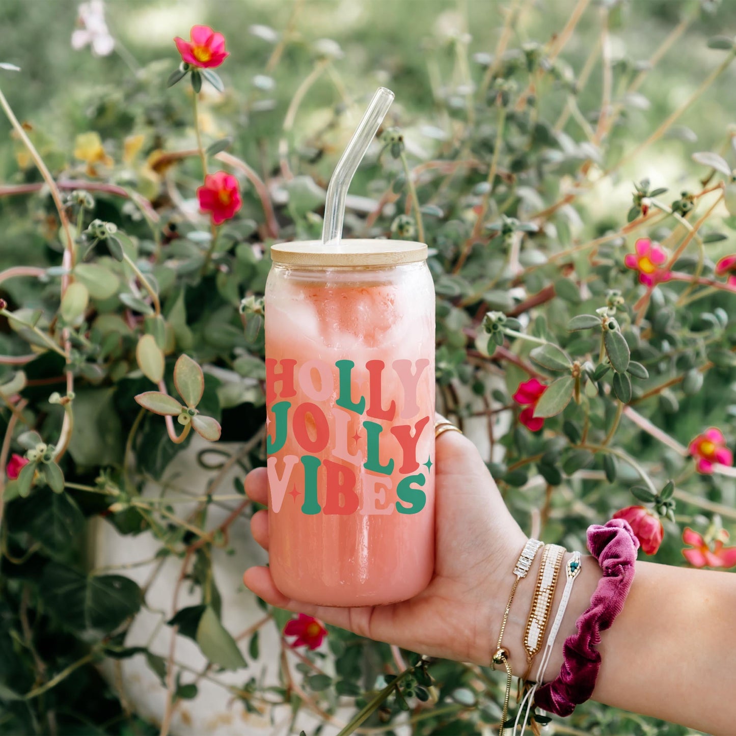 16oz Cold Brew Glass-Holly Jolly Vibes