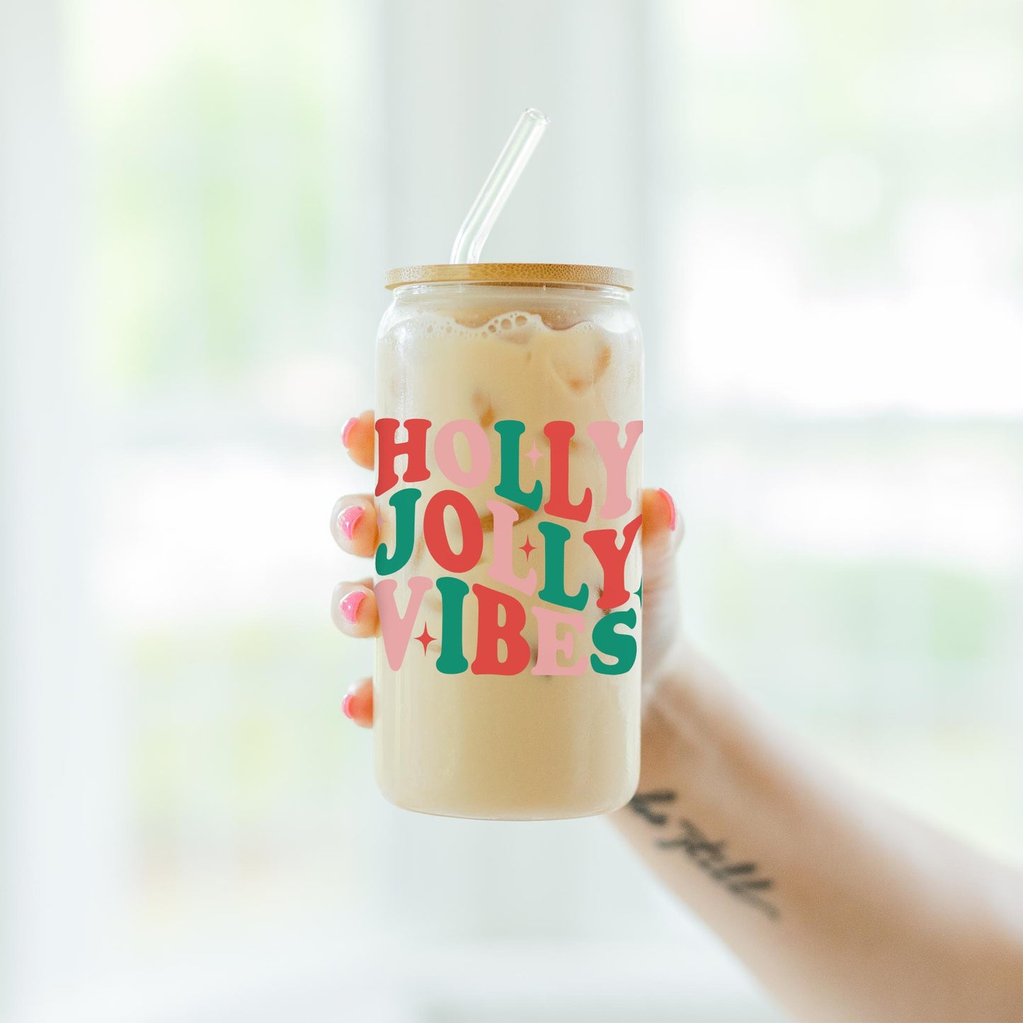 16oz Cold Brew Glass-Holly Jolly Vibes