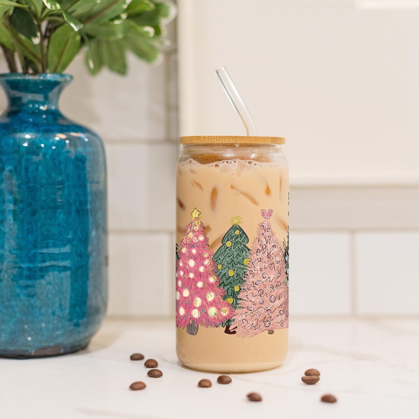 16oz Cold Brew Glass-Pink Christmas Trees