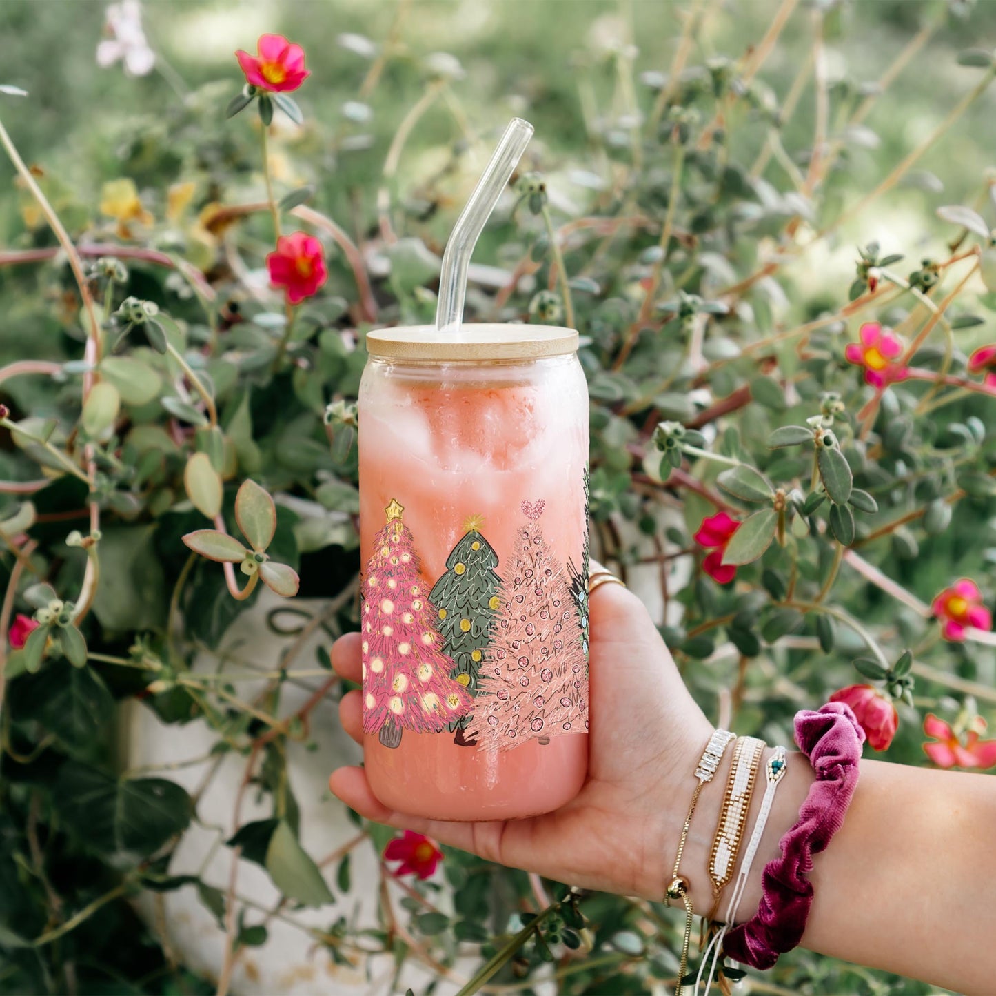 16oz Cold Brew Glass-Pink Christmas Trees