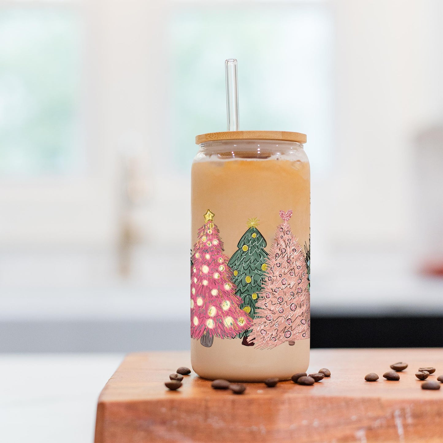 16oz Cold Brew Glass-Pink Christmas Trees