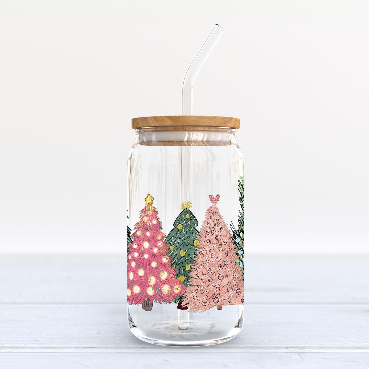 16oz Cold Brew Glass-Pink Christmas Trees
