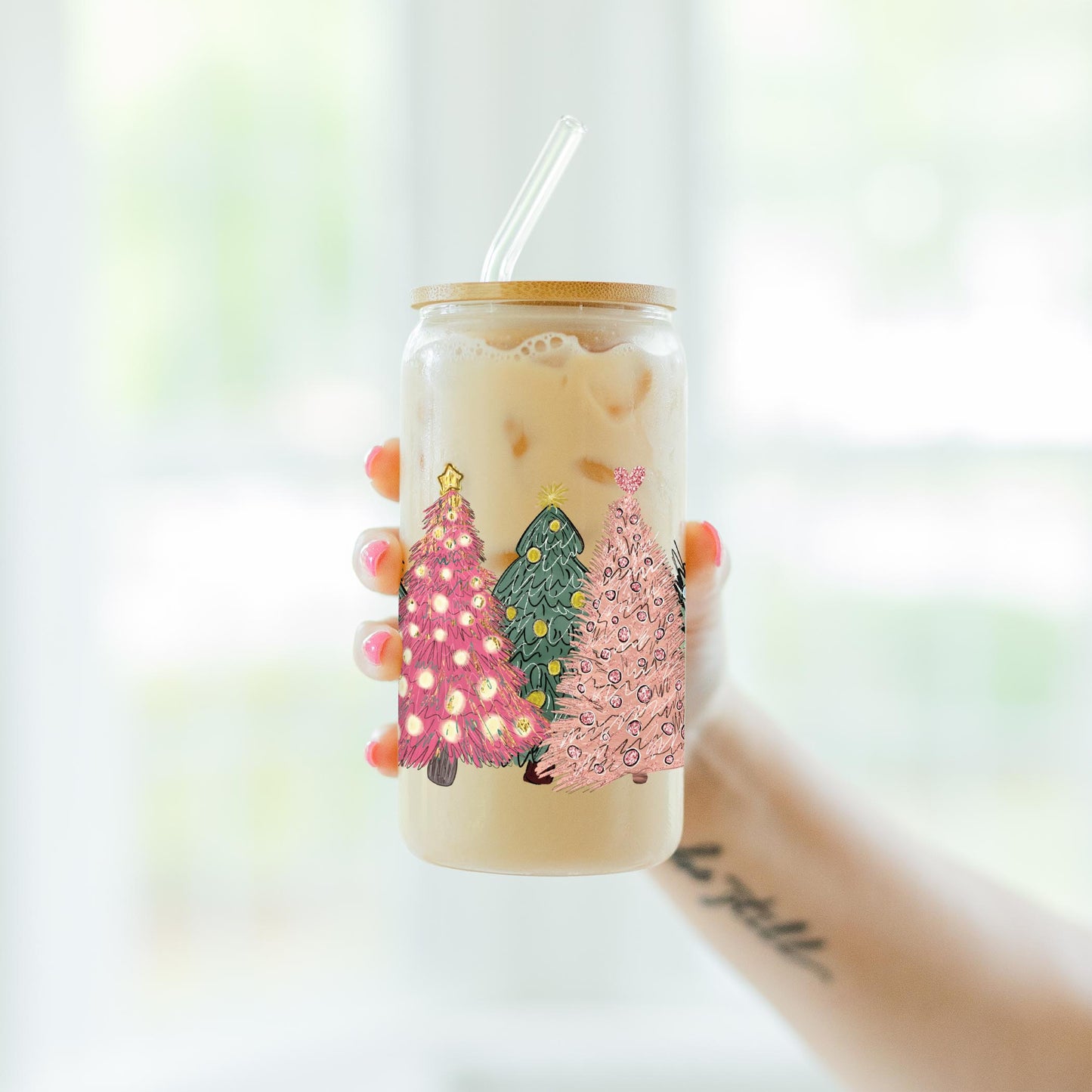 16oz Cold Brew Glass-Pink Christmas Trees