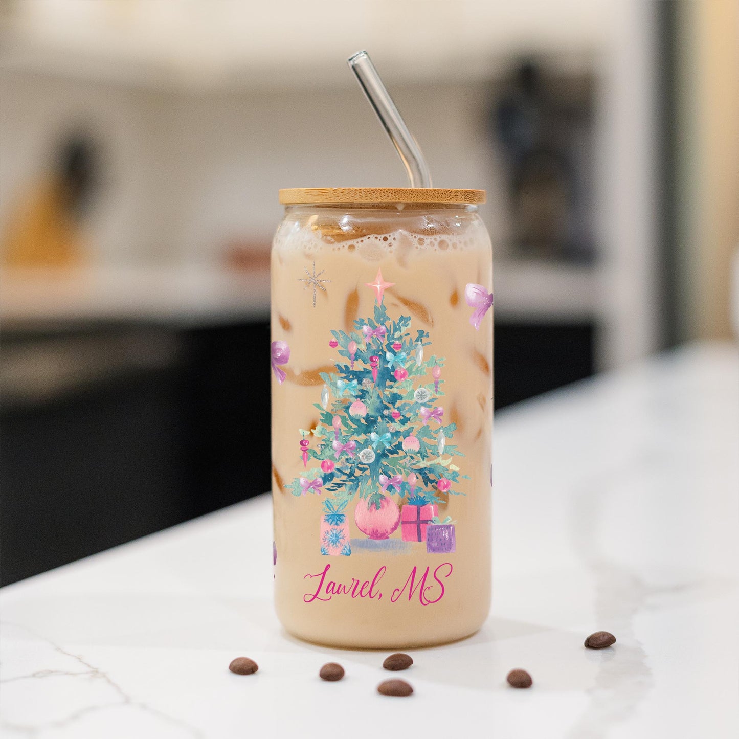 16oz Cold Brew Glass-Watercolor Sugar Plum Christmas Tree -1