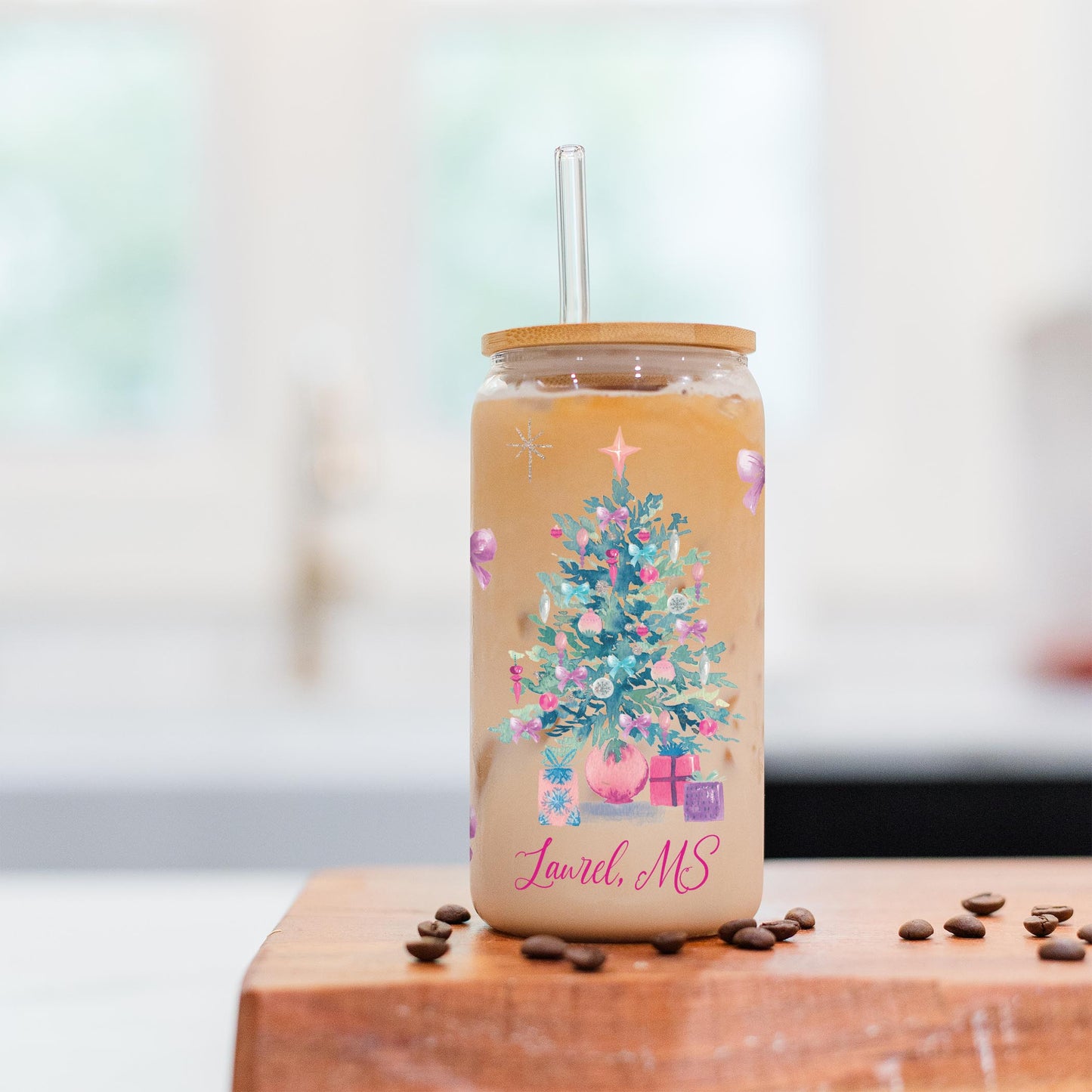 16oz Cold Brew Glass-Watercolor Sugar Plum Christmas Tree -2