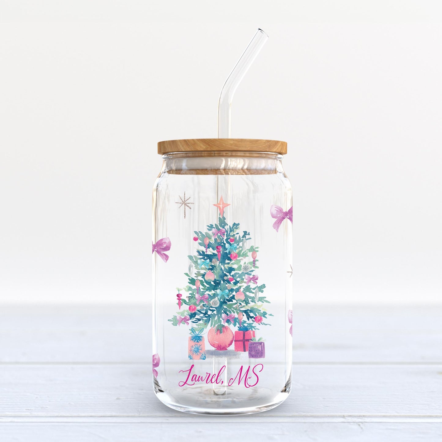 16oz Cold Brew Glass-Watercolor Sugar Plum Christmas Tree -3