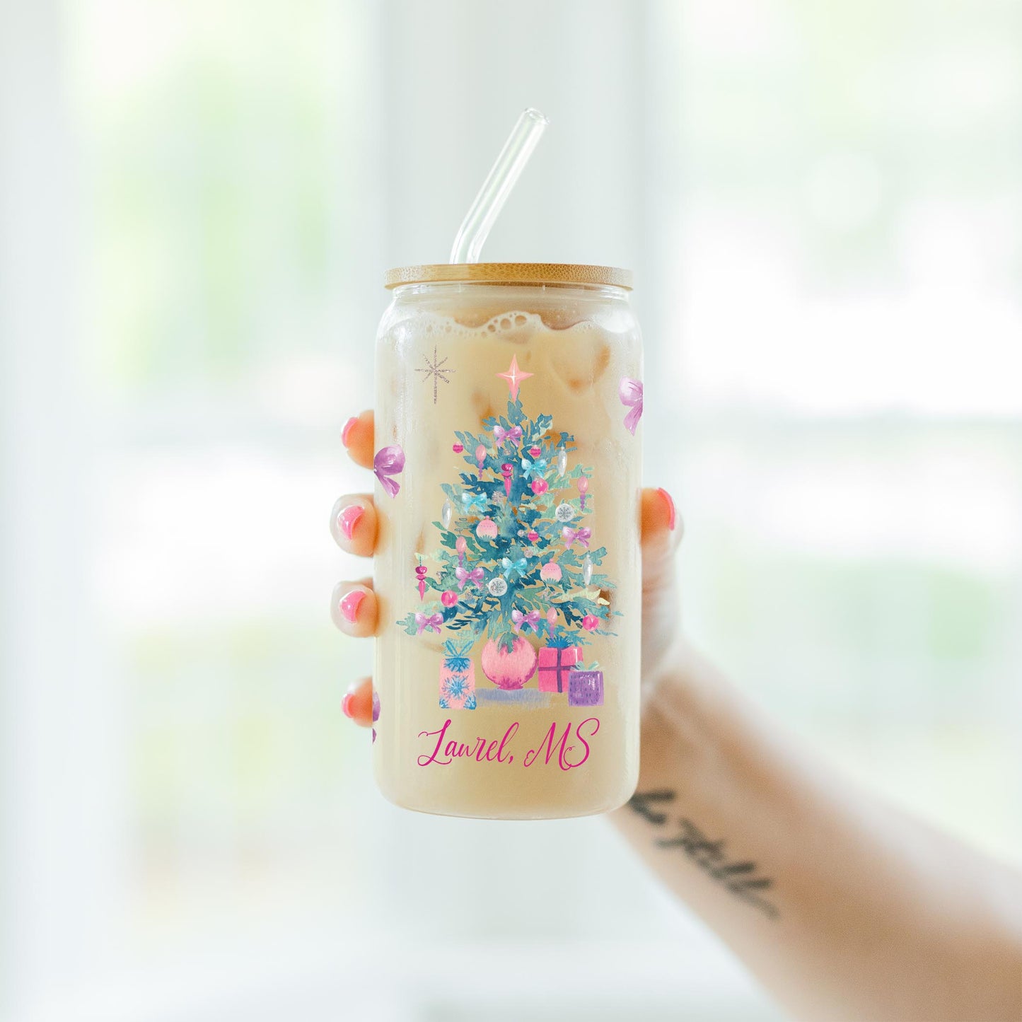 16oz Cold Brew Glass-Watercolor Sugar Plum Christmas Tree -4