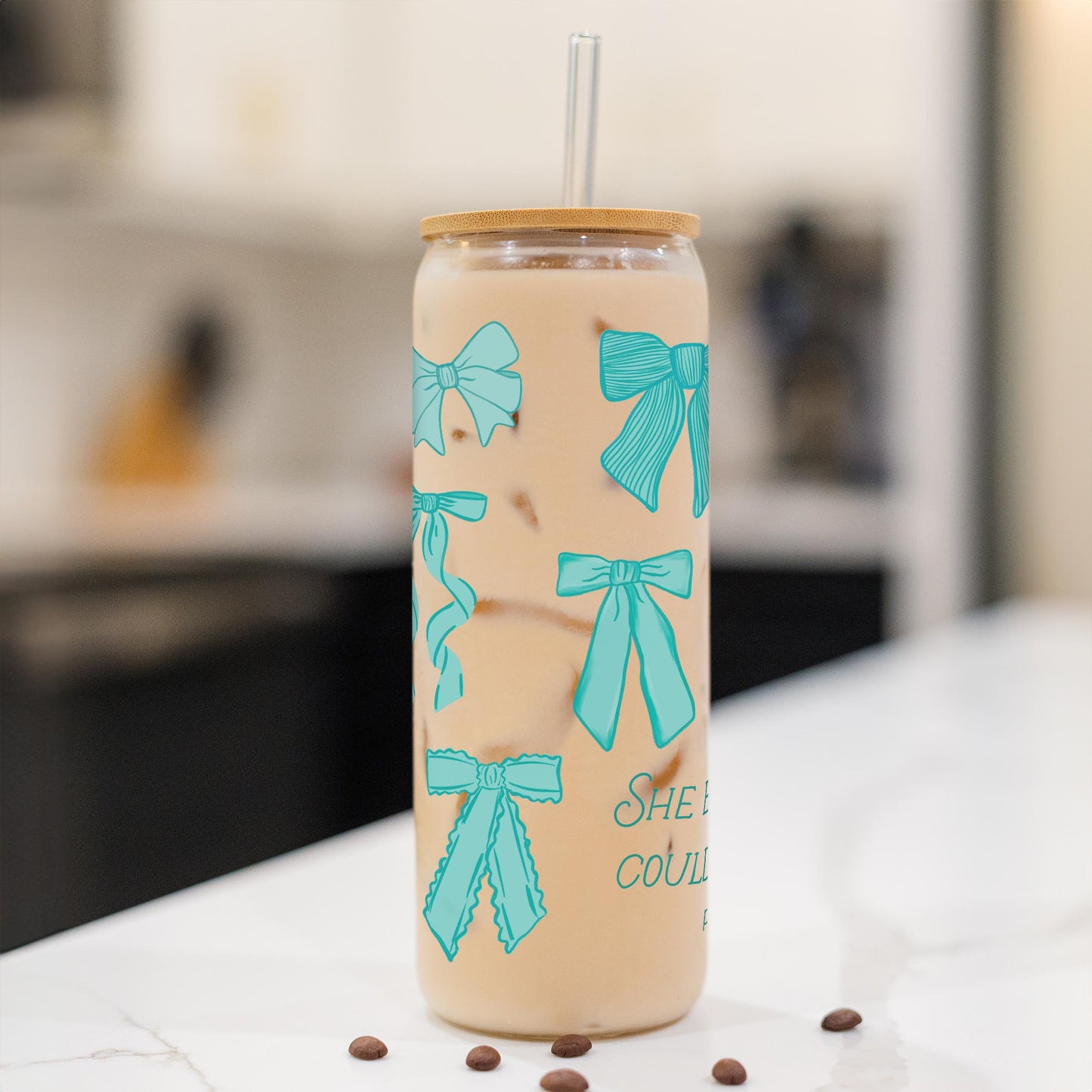 24oz Cold Brew Glass-Blue Bows She Believed She Could
