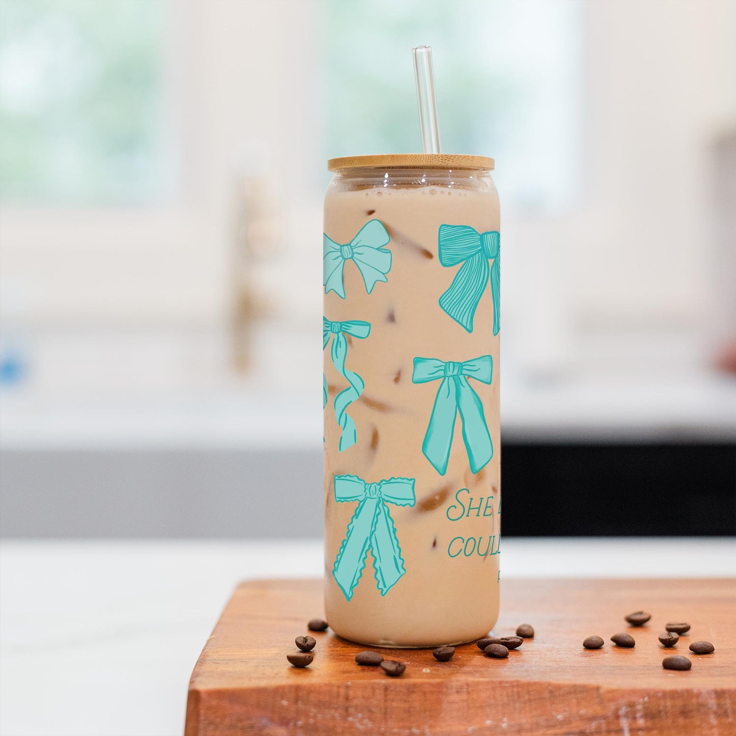 24oz Cold Brew Glass-Blue Bows She Believed She Could