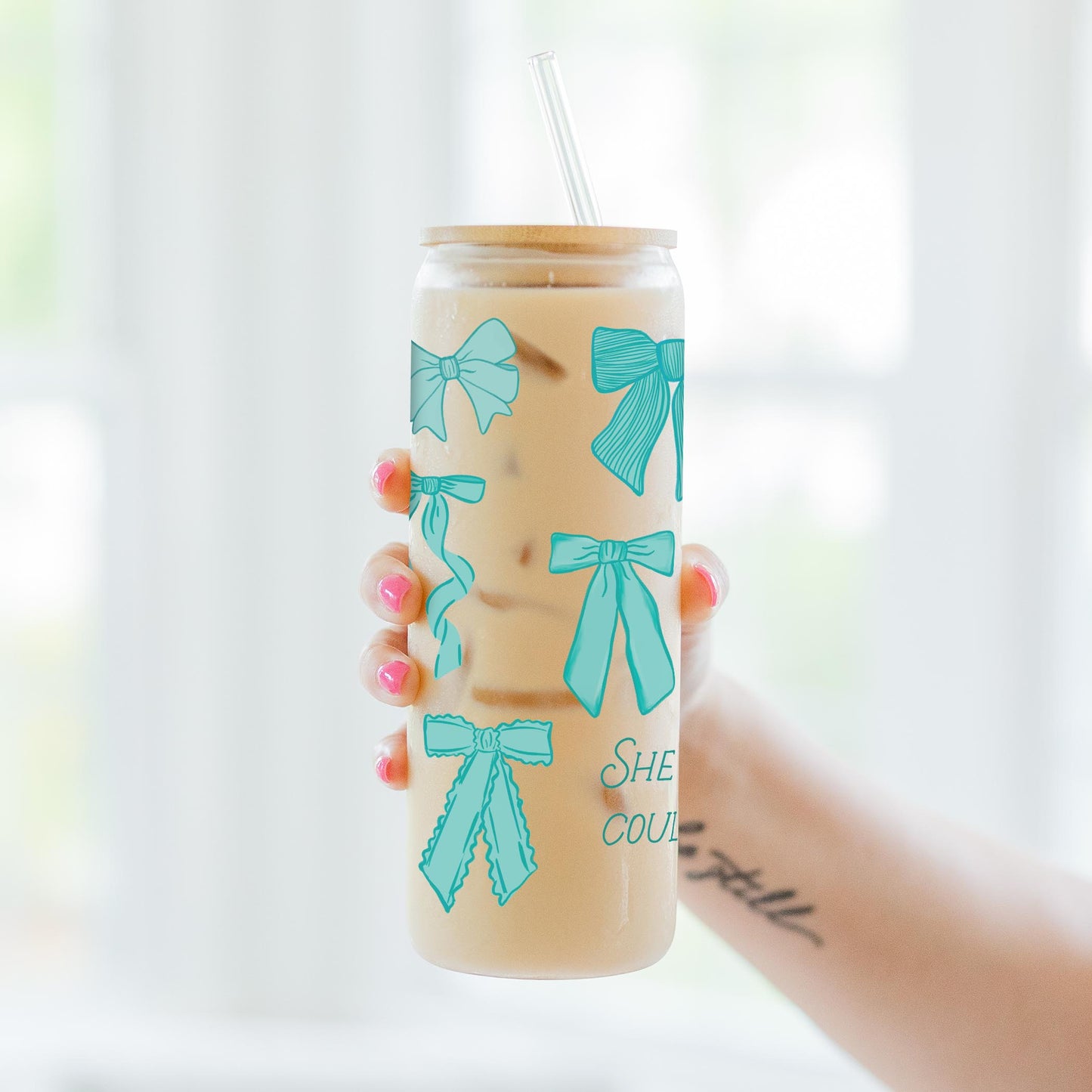 24oz Cold Brew Glass-Blue Bows She Believed She Could