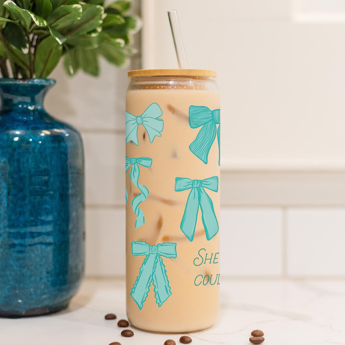 24oz Cold Brew Glass-Blue Bows She Believed She Could