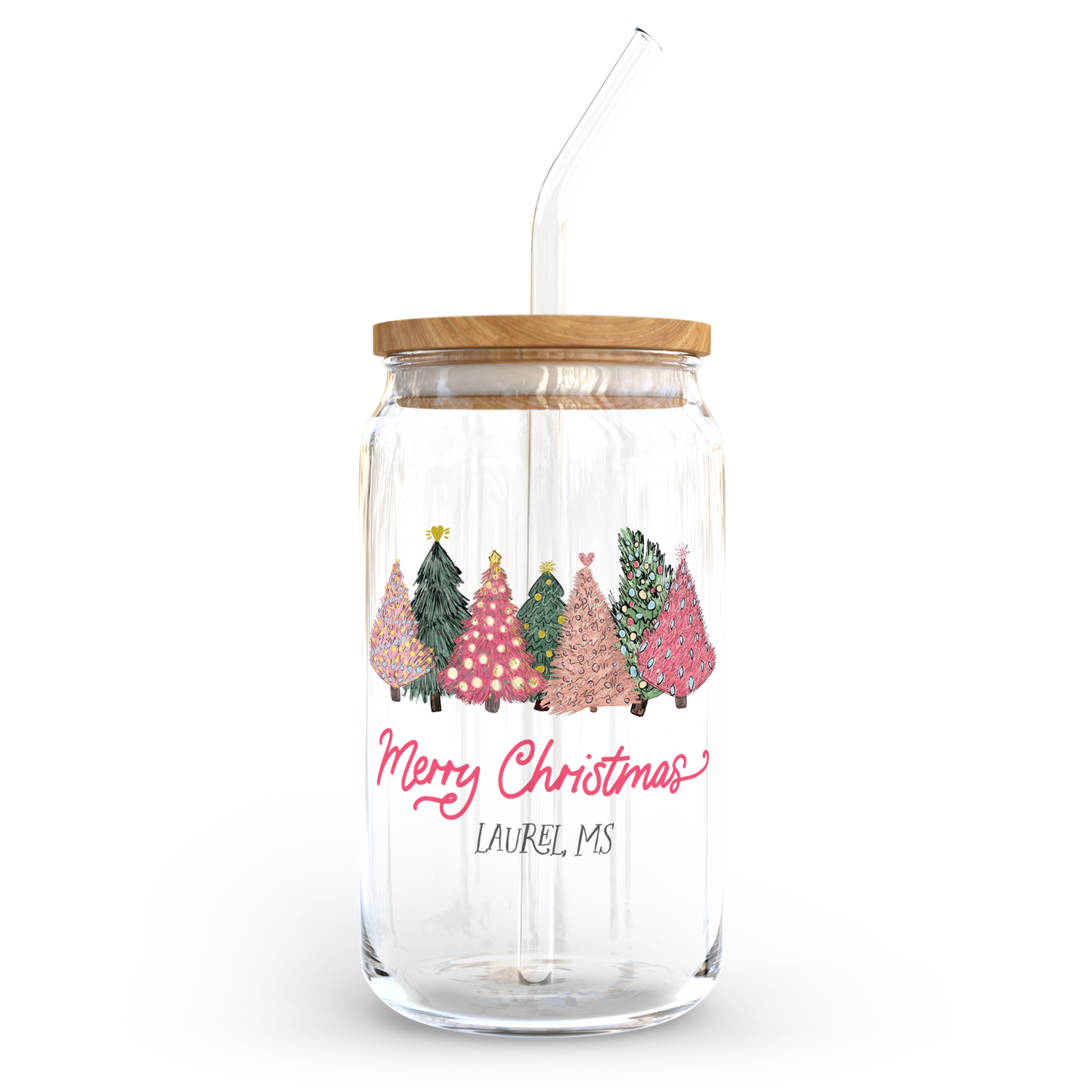 Love+Local 16oz. Glass Tumbler | Pink Christmas Trees