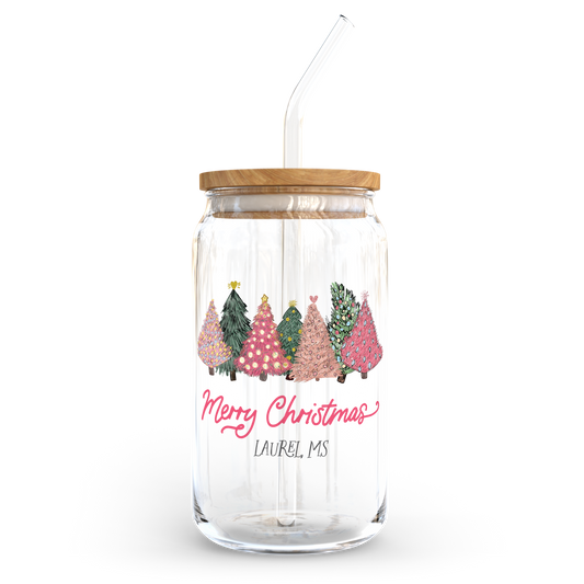 Love+Local 16oz. Glass Tumbler | Pink Christmas Trees