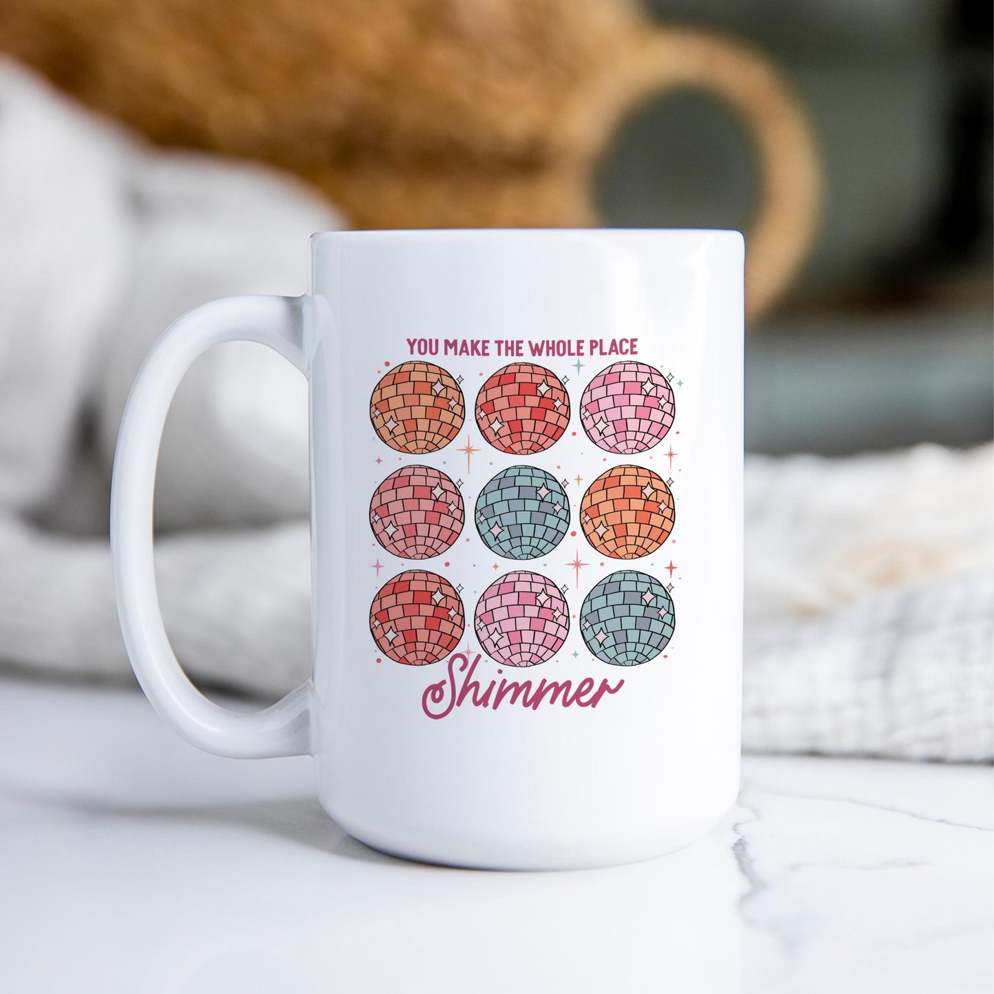 15oz Coffee Mug White-Whole Place Shimmer Disco Balls
