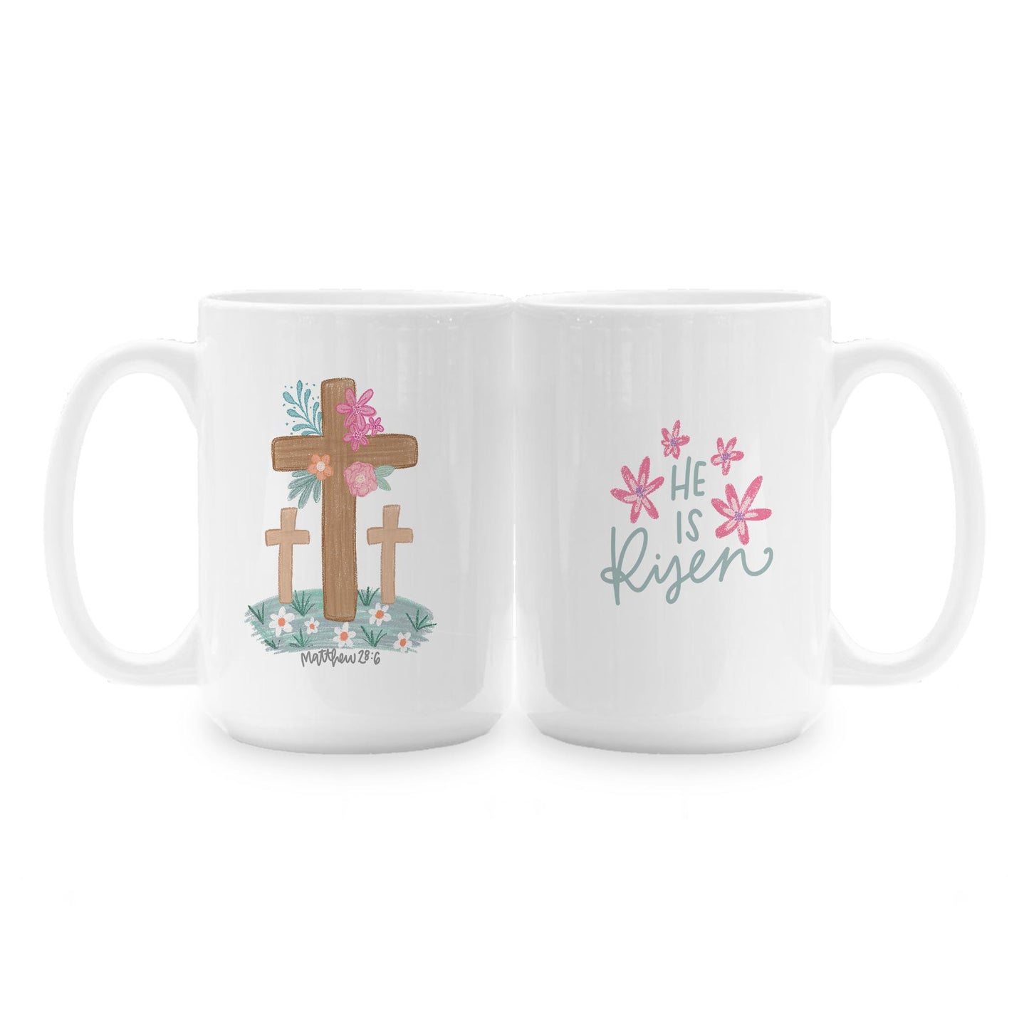 15oz Coffee Mug White-Floral Cross Matthew 28:6 He Is Risen