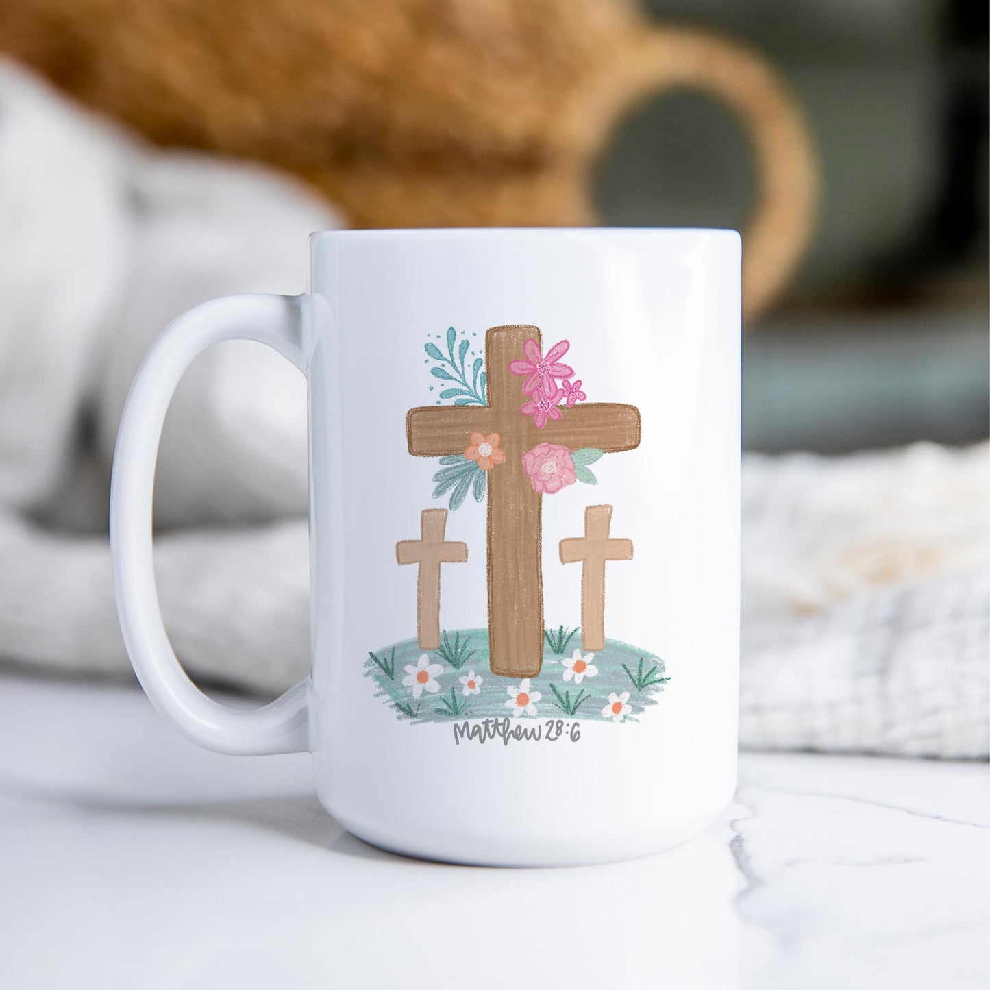 15oz Coffee Mug White-Floral Cross Matthew 28:6 He Is Risen