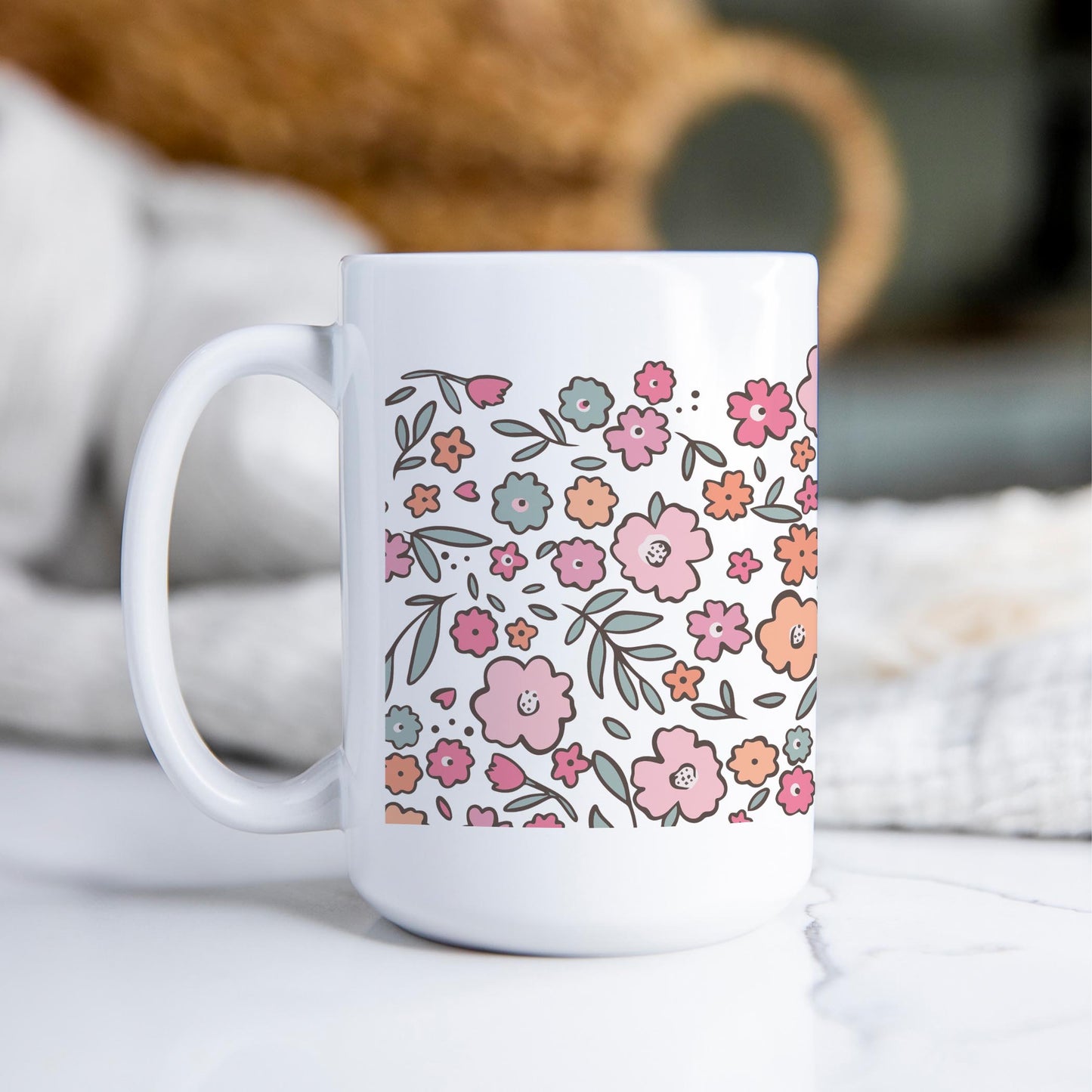 15oz Coffee Mug White-Floral Pattern
