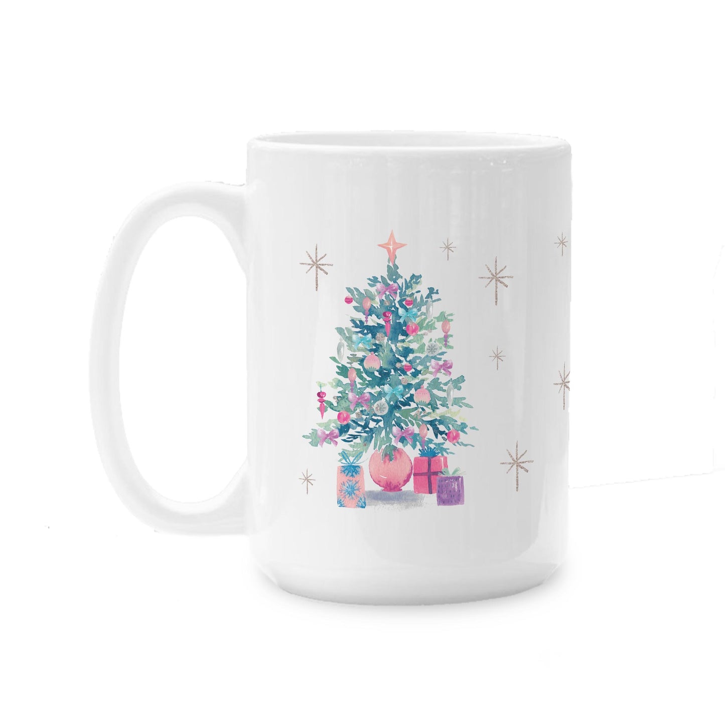 15oz Coffee Mug White-Watercolor Sugar Plum Christmas Tree -0