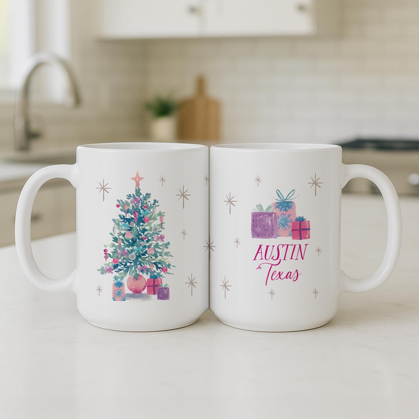 15oz Coffee Mug White-Watercolor Sugar Plum Christmas Tree -3
