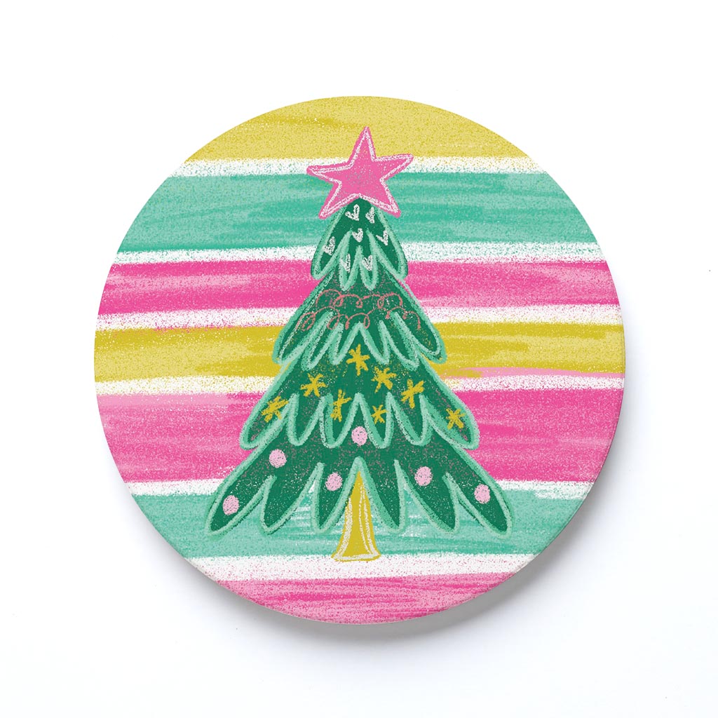 Ceramic Round Coaster-Bright Christmas Tree Stripes