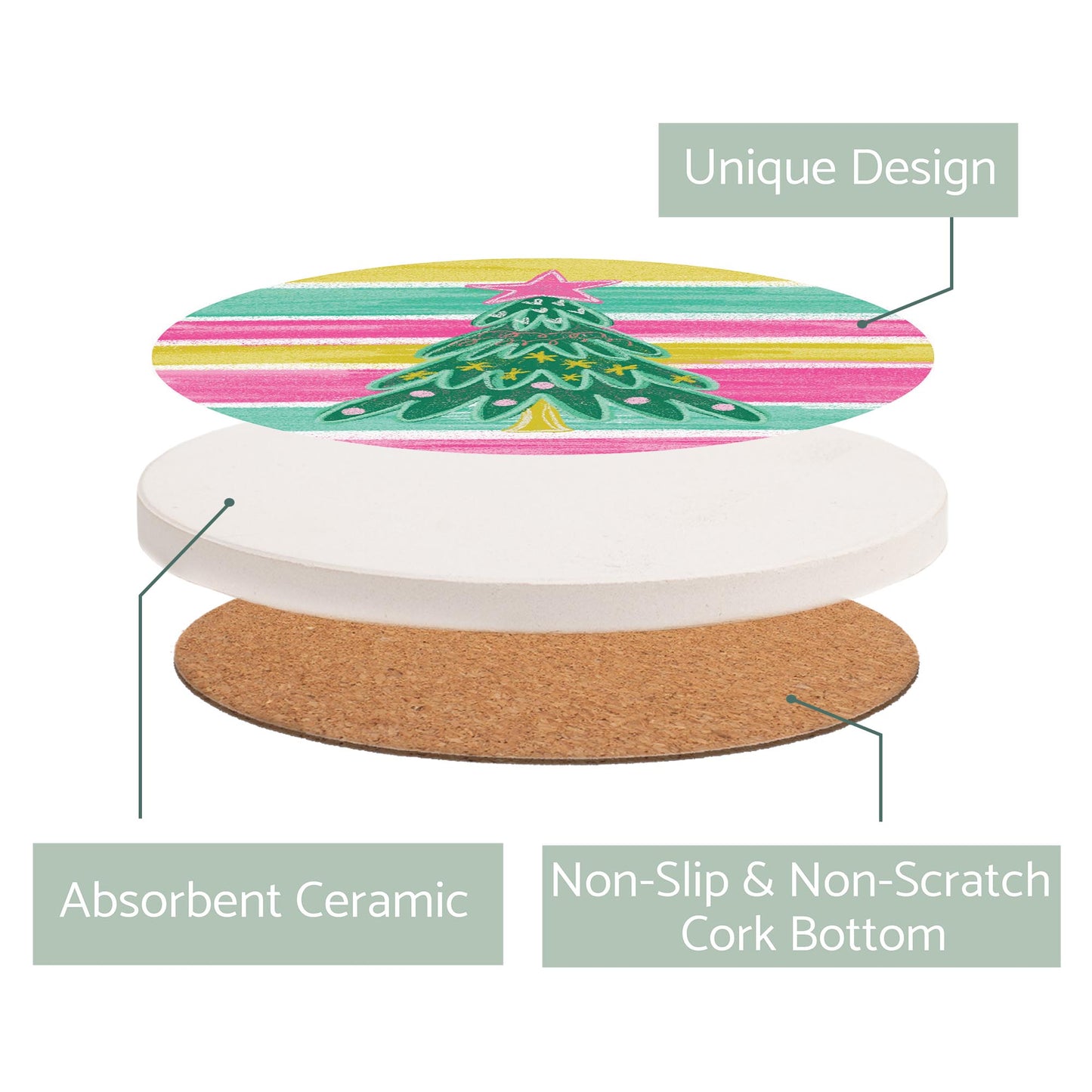 Ceramic Round Coaster-Bright Christmas Tree Stripes