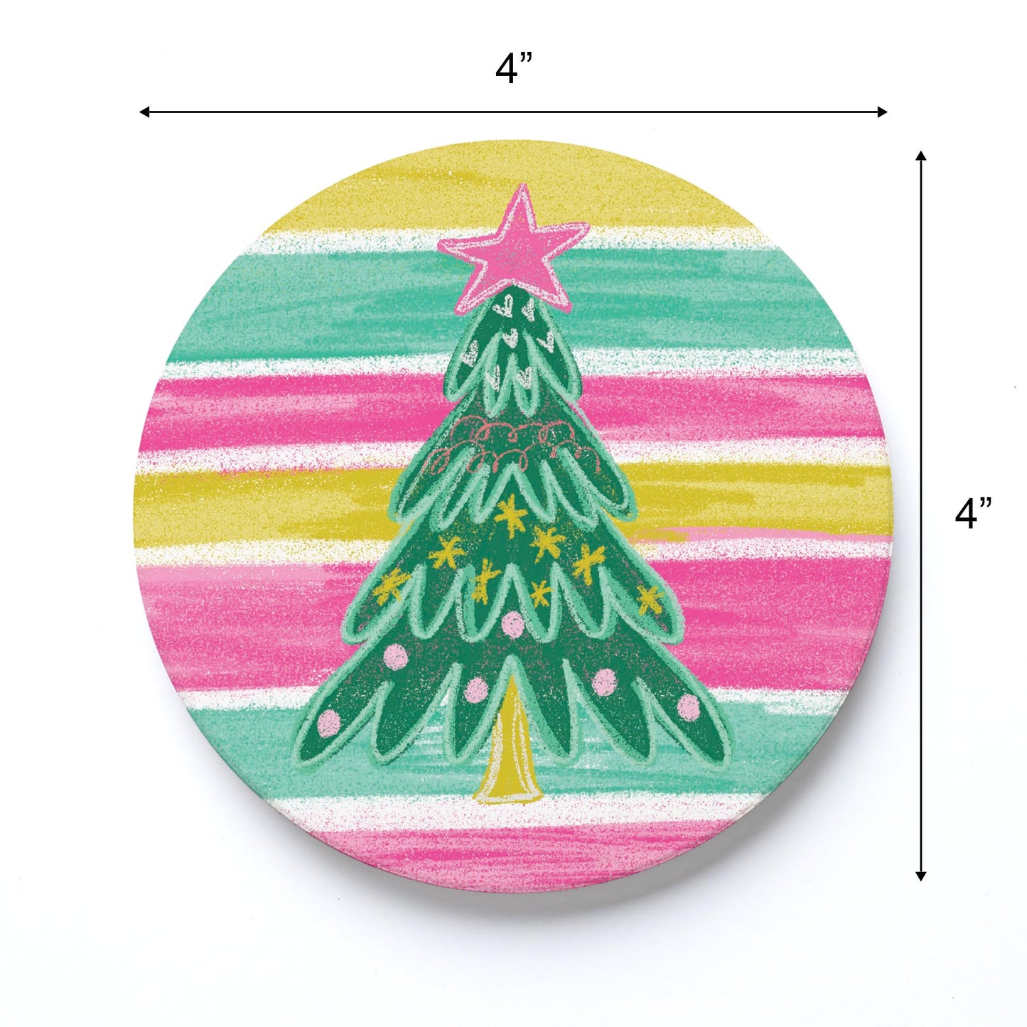Ceramic Round Coaster-Bright Christmas Tree Stripes