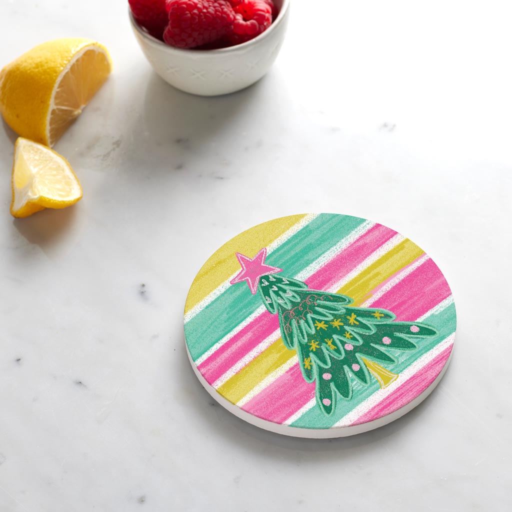 Ceramic Round Coaster-Bright Christmas Tree Stripes
