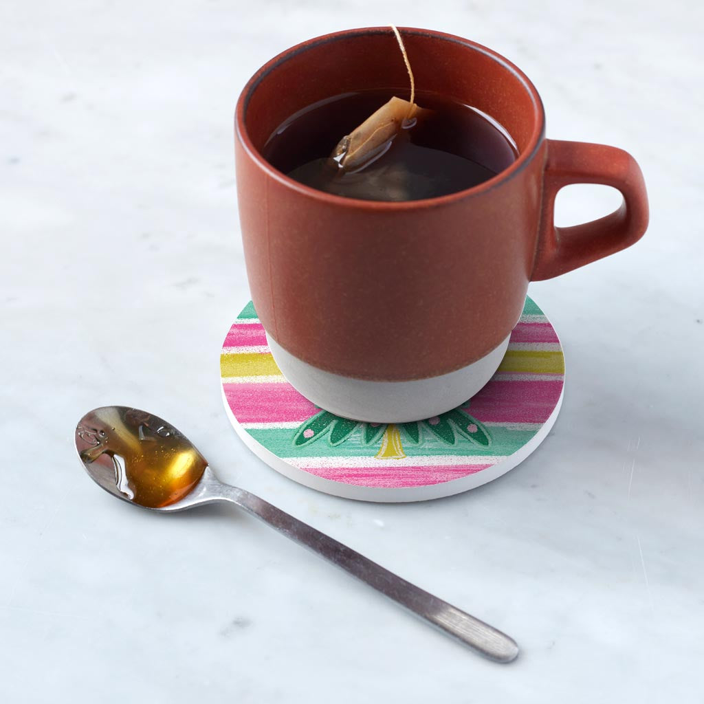 Ceramic Round Coaster-Bright Christmas Tree Stripes