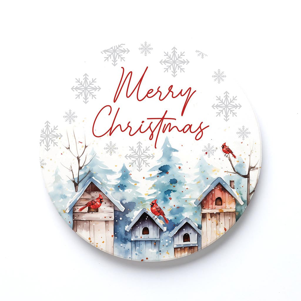 Ceramic Round Coaster-Cardinal Christmas Merry Christmas -0